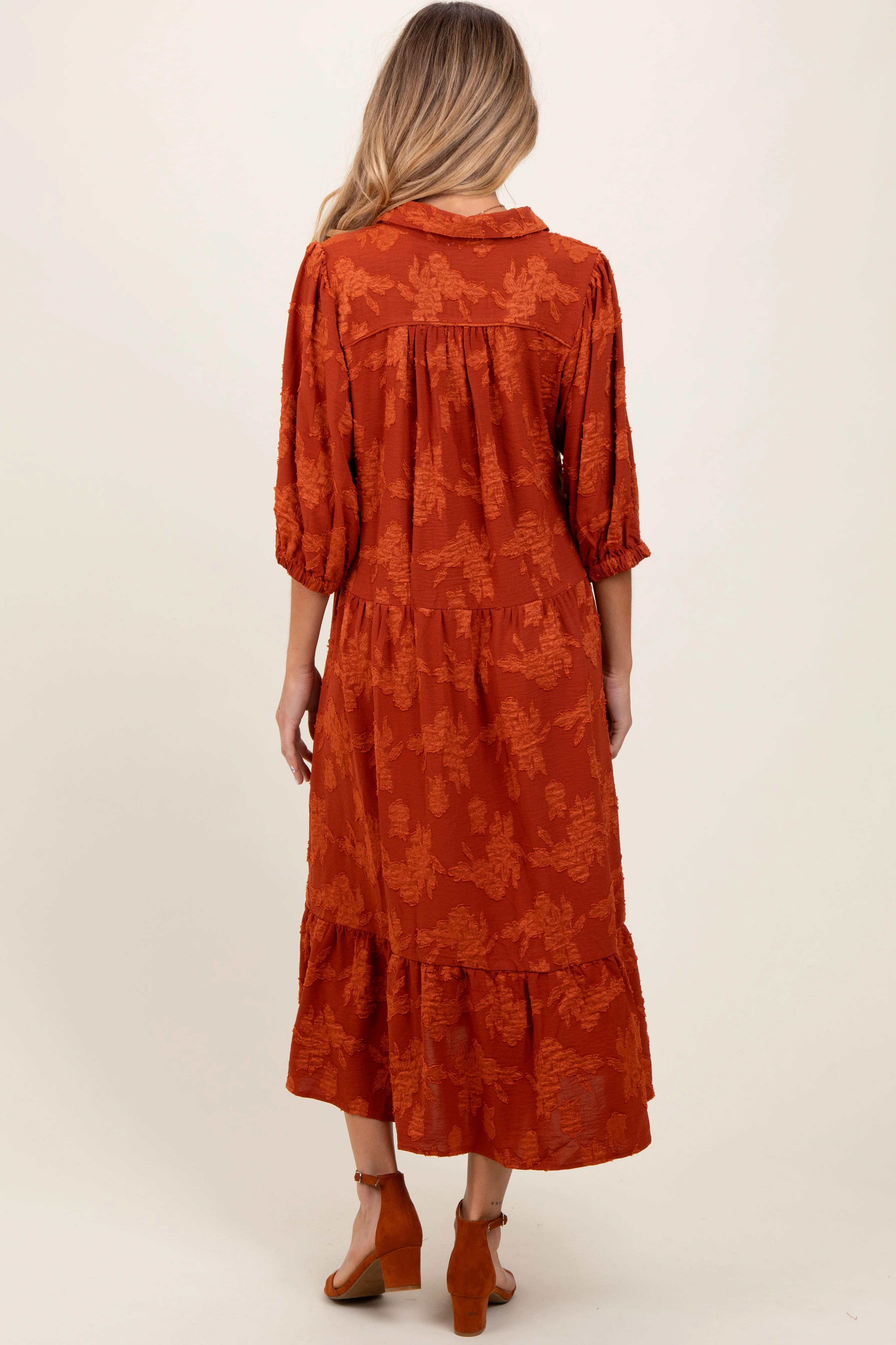 Dark Orange Floral Applique Collared Maternity Midi Dress - Image 4