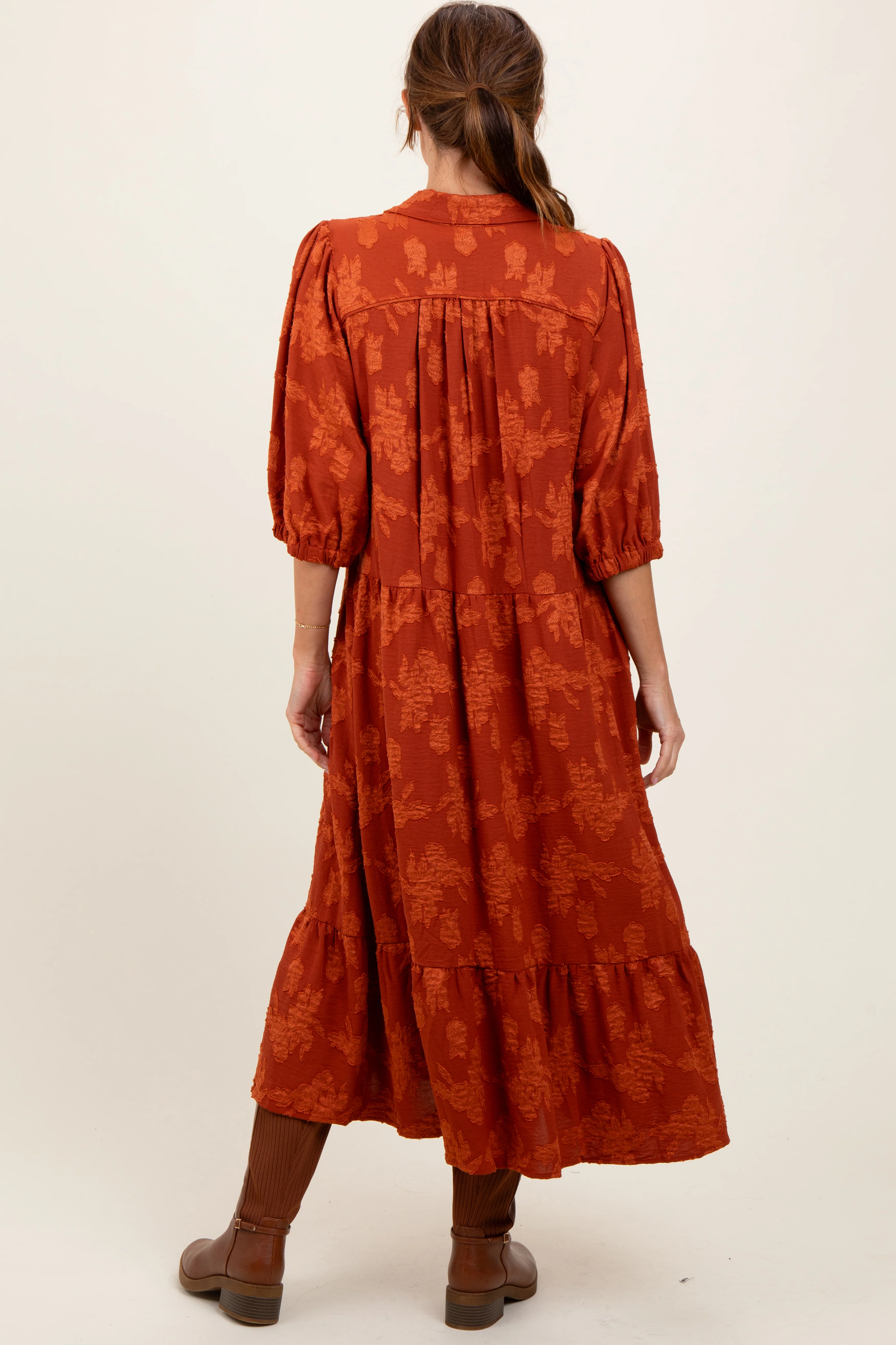 Dark Orange Floral Applique Collared Midi Dress - Image 4