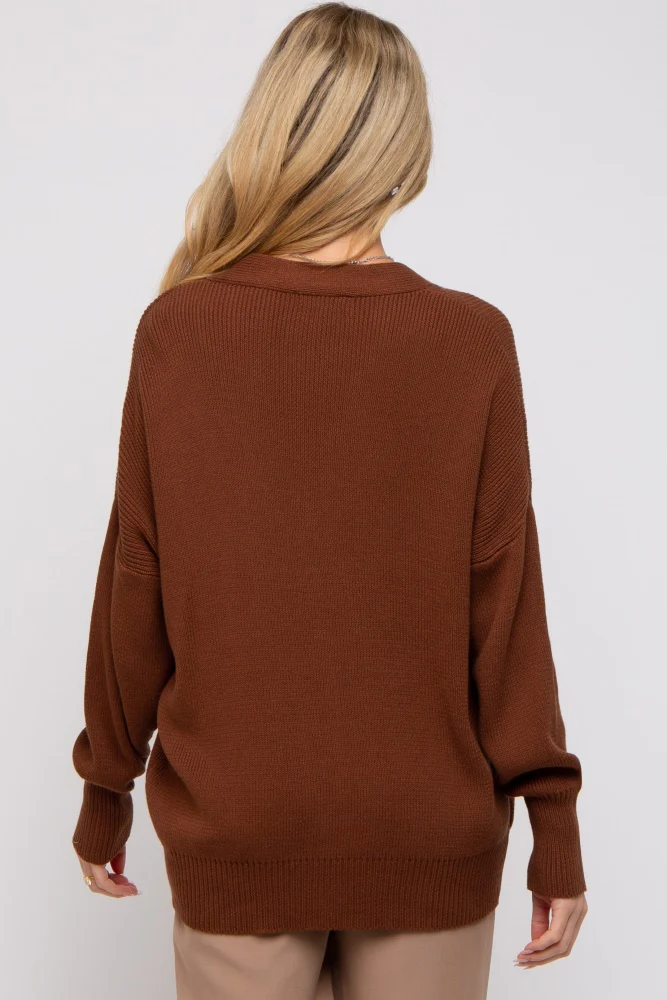 Dark Rust Basic Ribbed Maternity Cardigan Sweater - Image 3