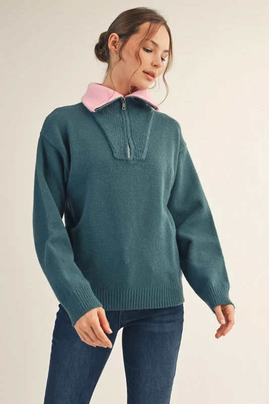Dark Teal Contrast Collar Half Zip Maternity Sweater - Image 6