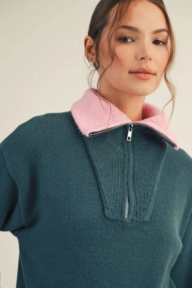Dark Teal Contrast Collar Half Zip Sweater - Image 3