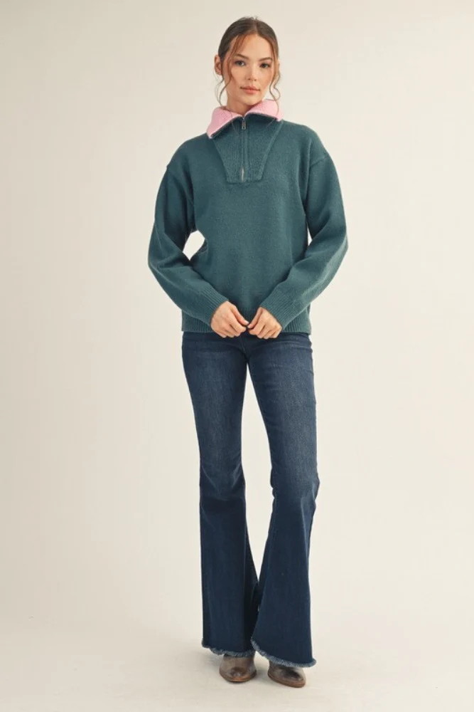 Dark Teal Contrast Collar Half Zip Sweater - Image 4