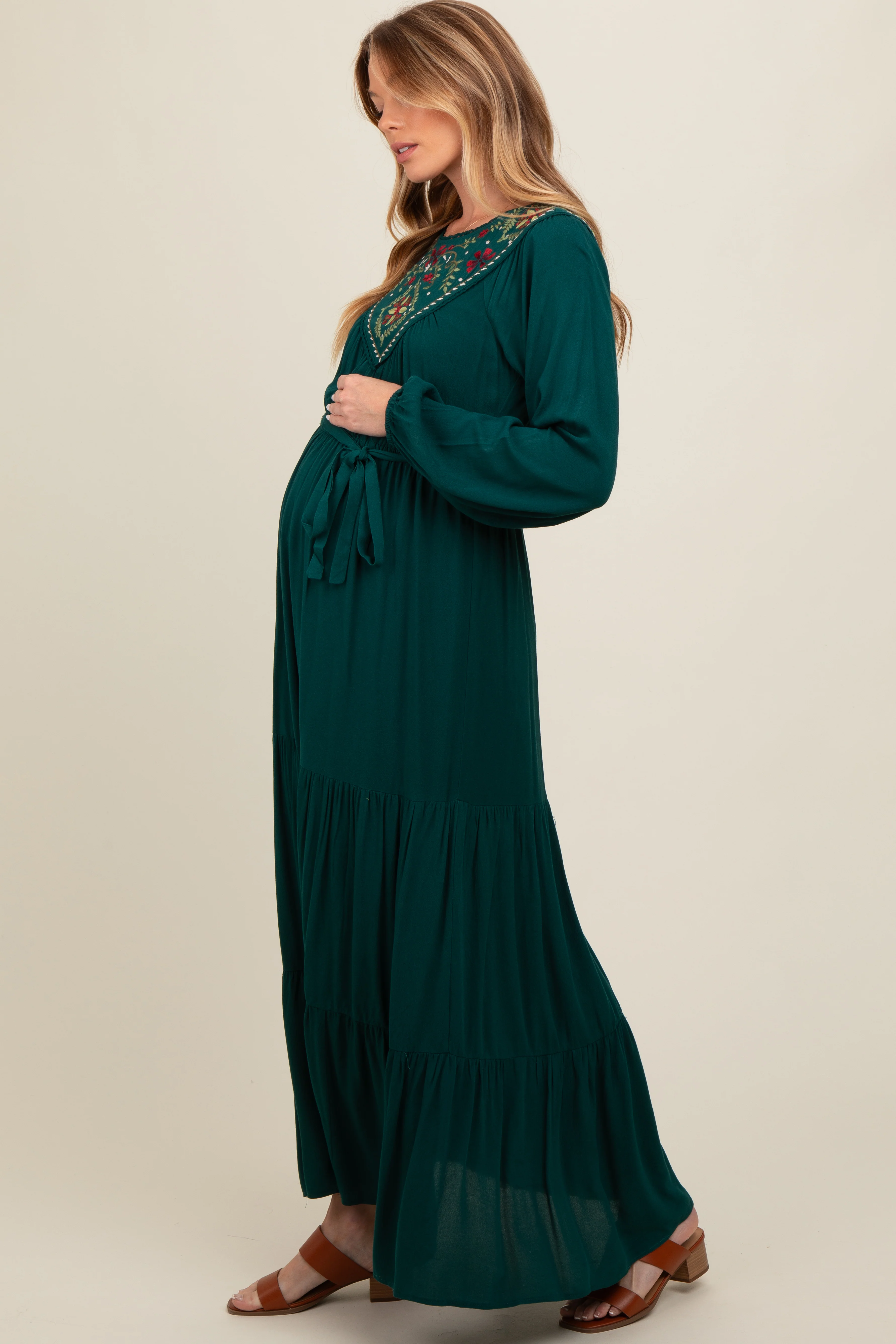 Dark Teal Embroidered Maternity Tiered Maxi Dress - Image 3