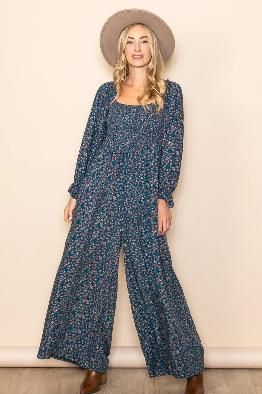 Dark Teal Floral Smocked Wide Leg Maternity Jumpsuit - Image 7