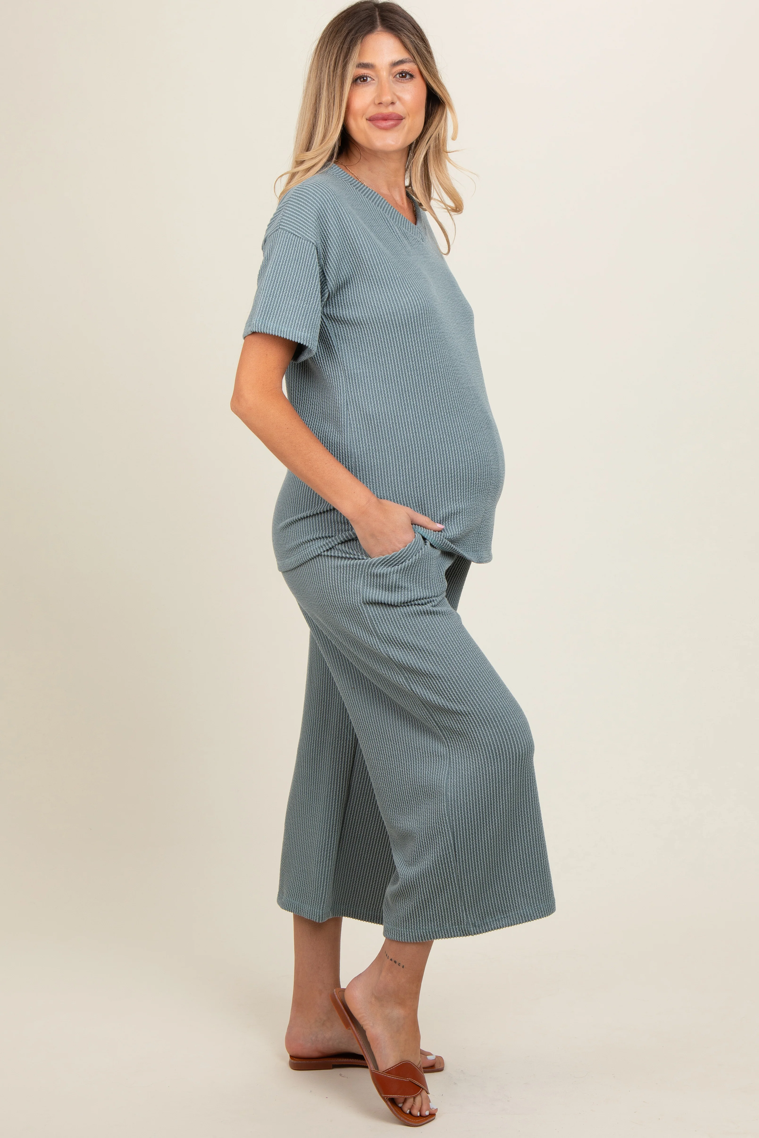 Dark Teal Ribbed Short Sleeve Top Maternity Pajama Set - Image 3