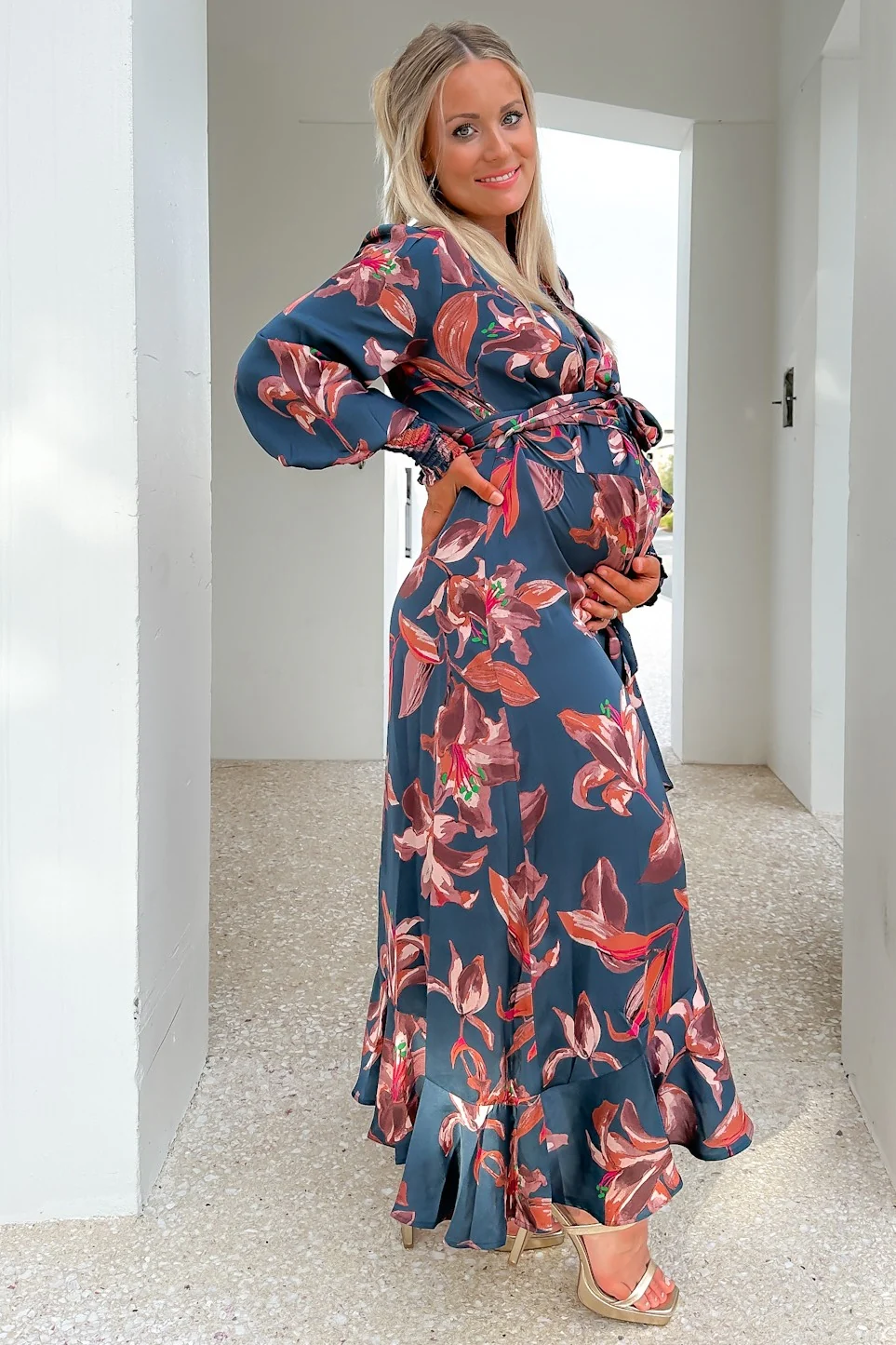 Dark Teal Satin Asymmetrical Flounce Trim Maternity Midi Dress - Image 5