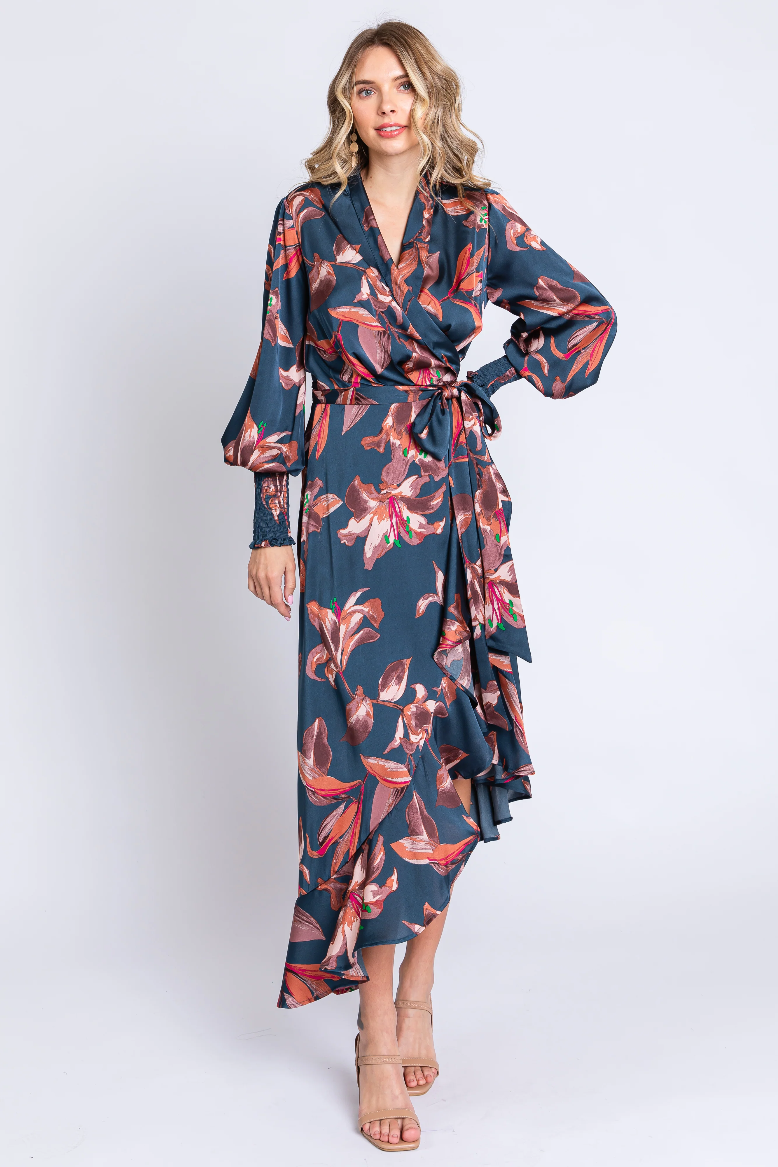 Dark Teal Satin Asymmetrical Flounce Trim Maternity Midi Dress - Image 6