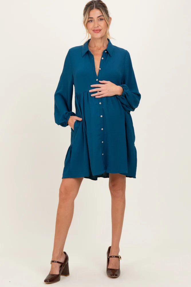 Dark Teal Tiered Back Detail Button Down Maternity Dress - Image 3