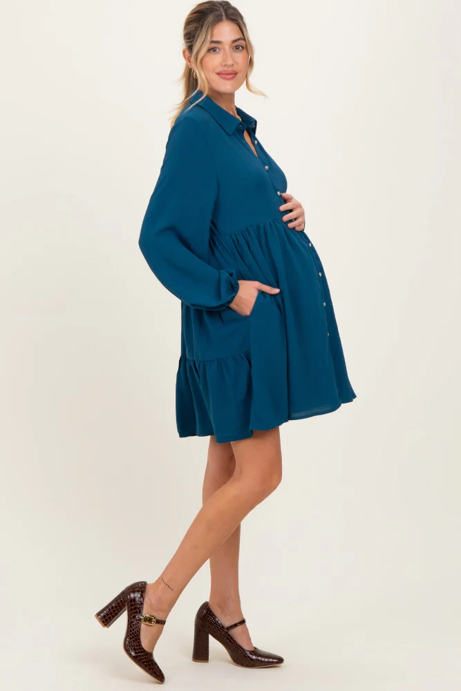 Dark Teal Tiered Back Detail Button Down Maternity Dress - Image 4