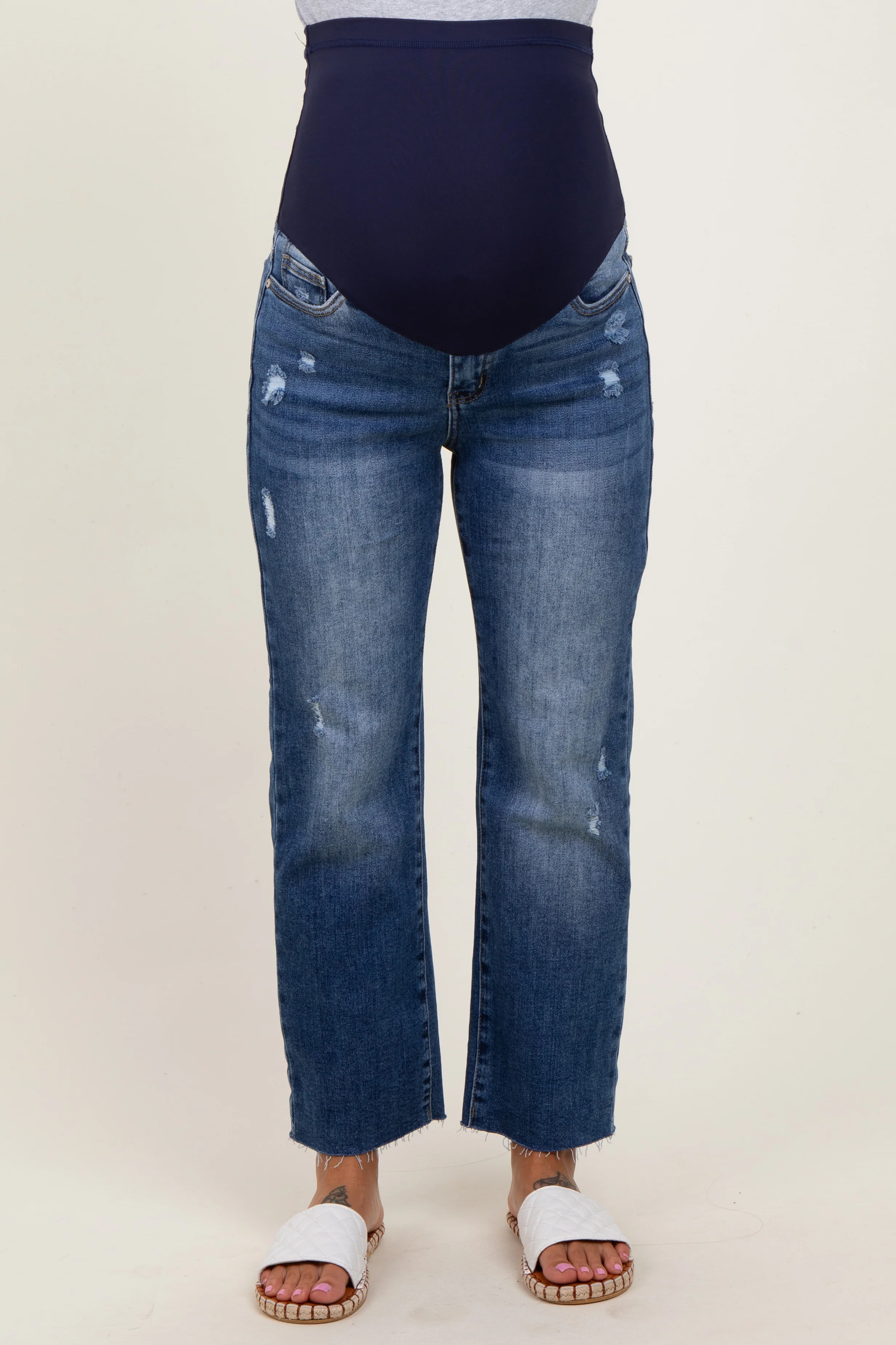 Dark Wash Faded Cropped Maternity Jeans - Image 3