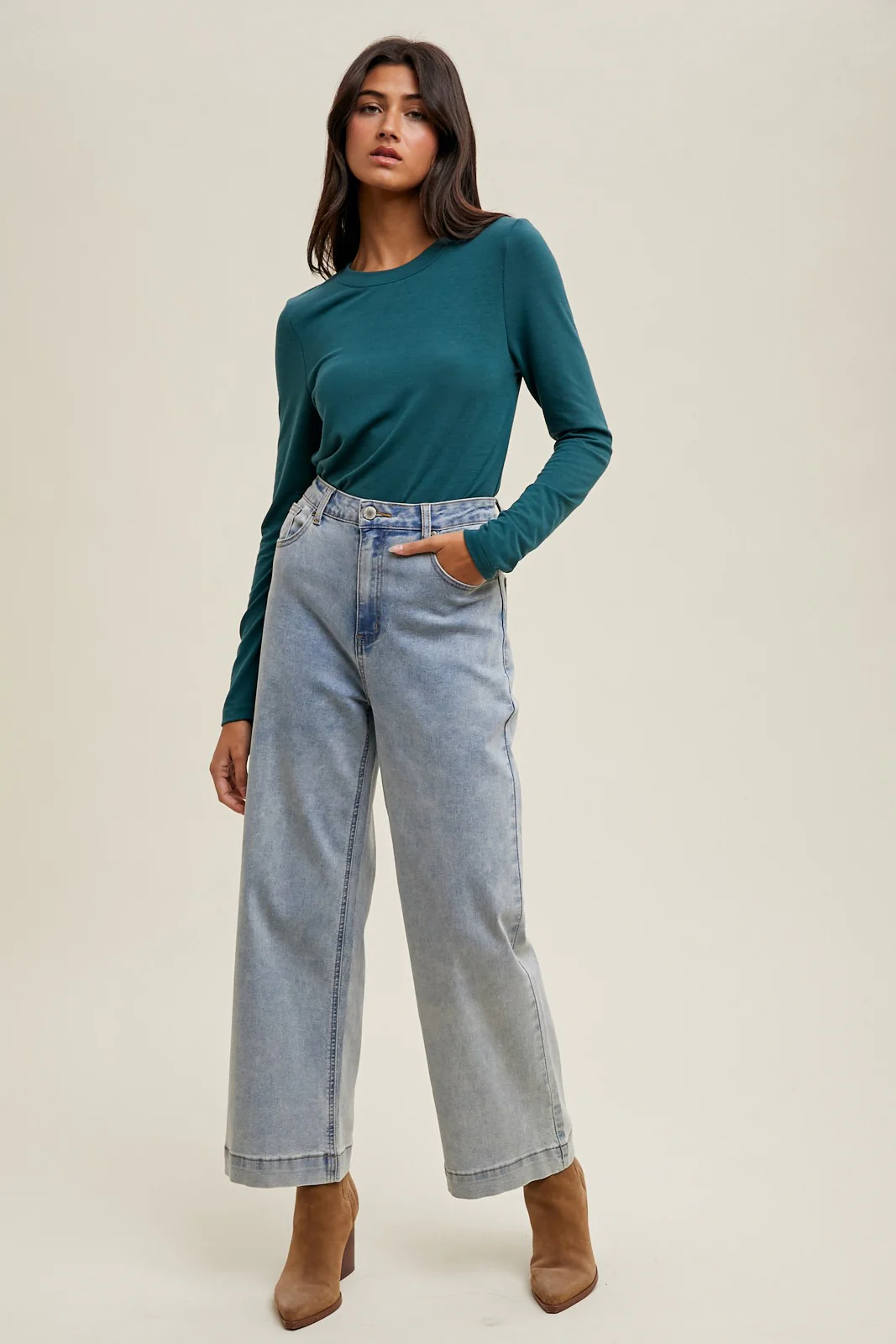 Deep Teal Basic Fitted Long Sleeve Top - Image 4