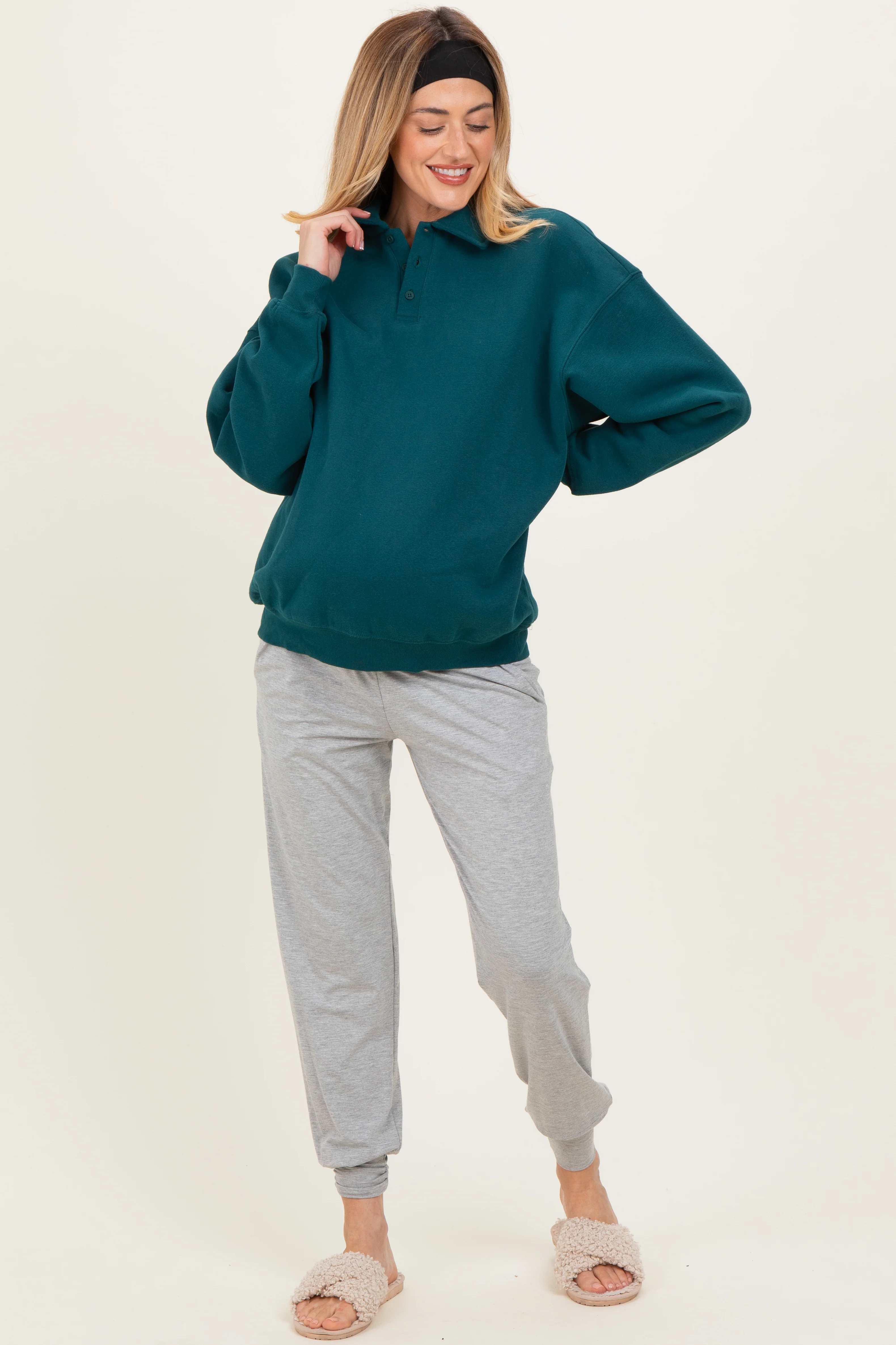 Deep Teal Oversized Polo Maternity Pullover - Image 3