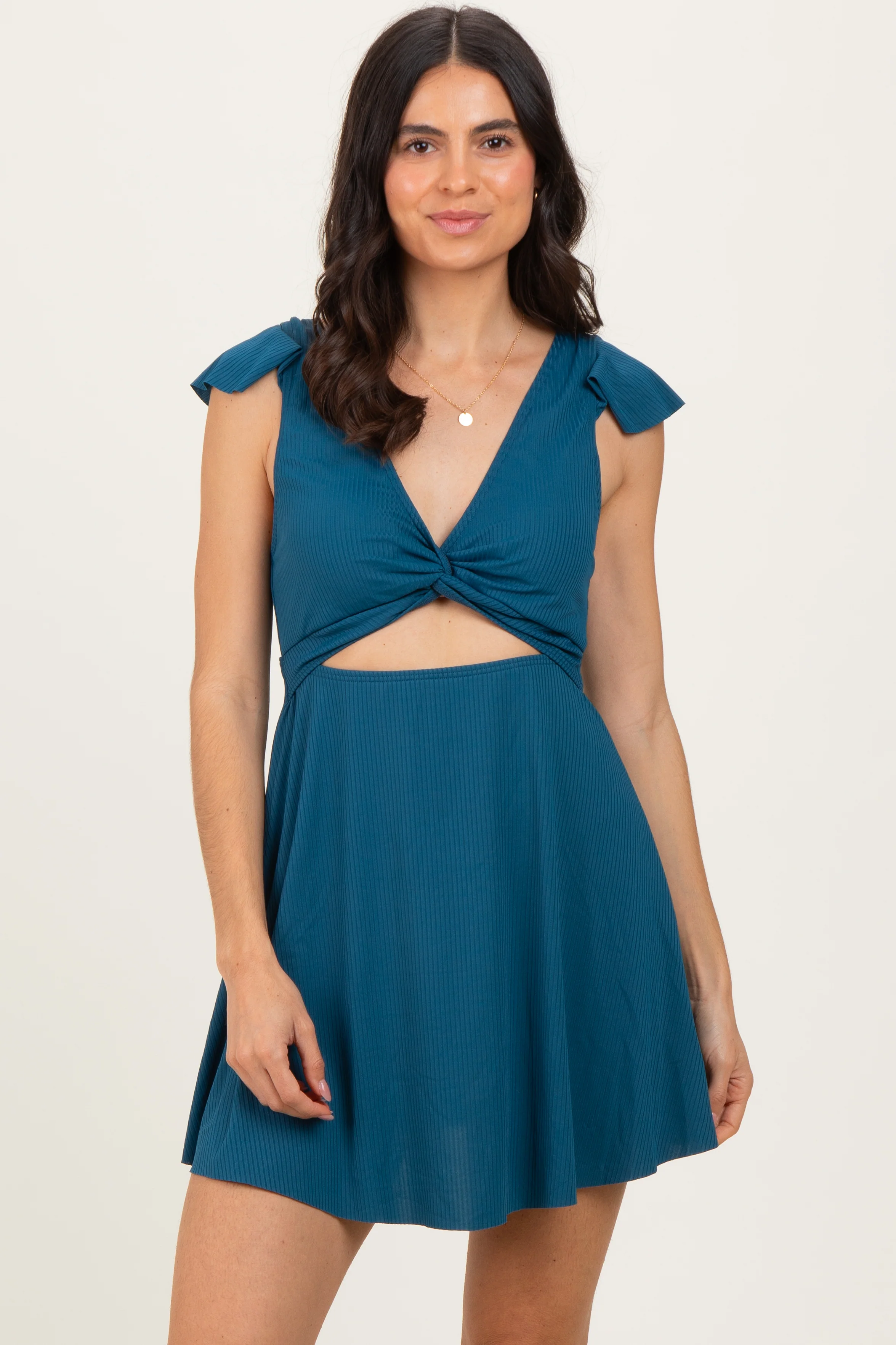 Deep Teal Ribbed Ruffle Twist Front Swim Dress