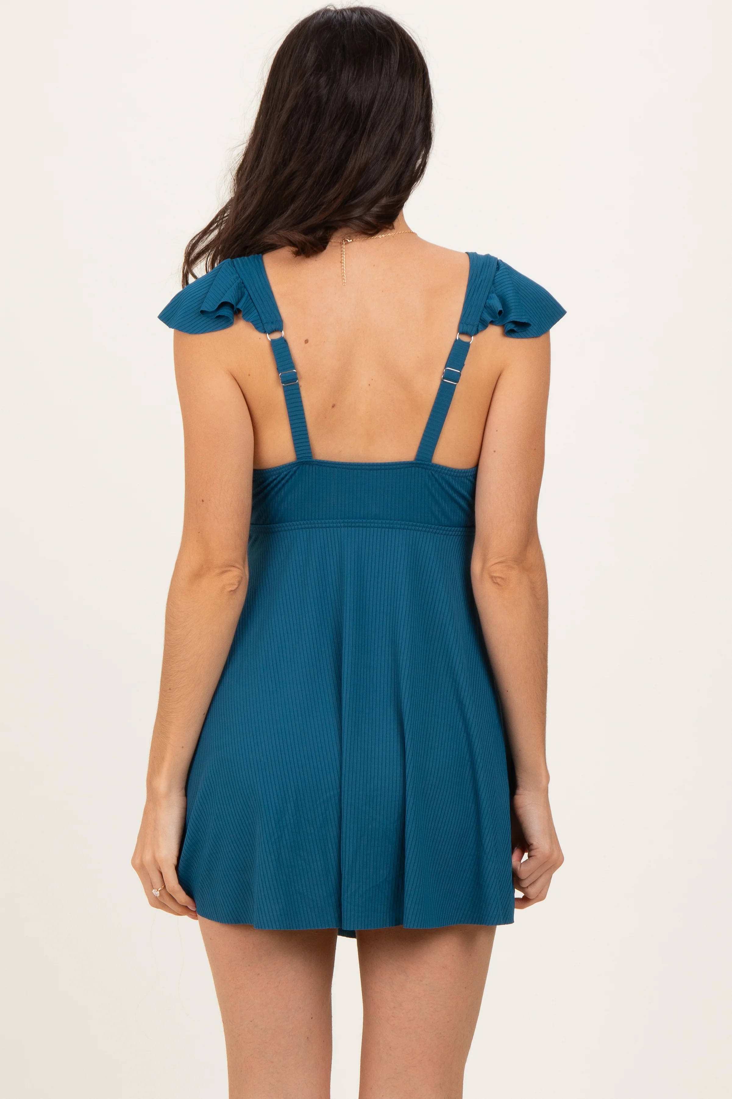 Deep Teal Ribbed Ruffle Twist Front Swim Dress - Image 4