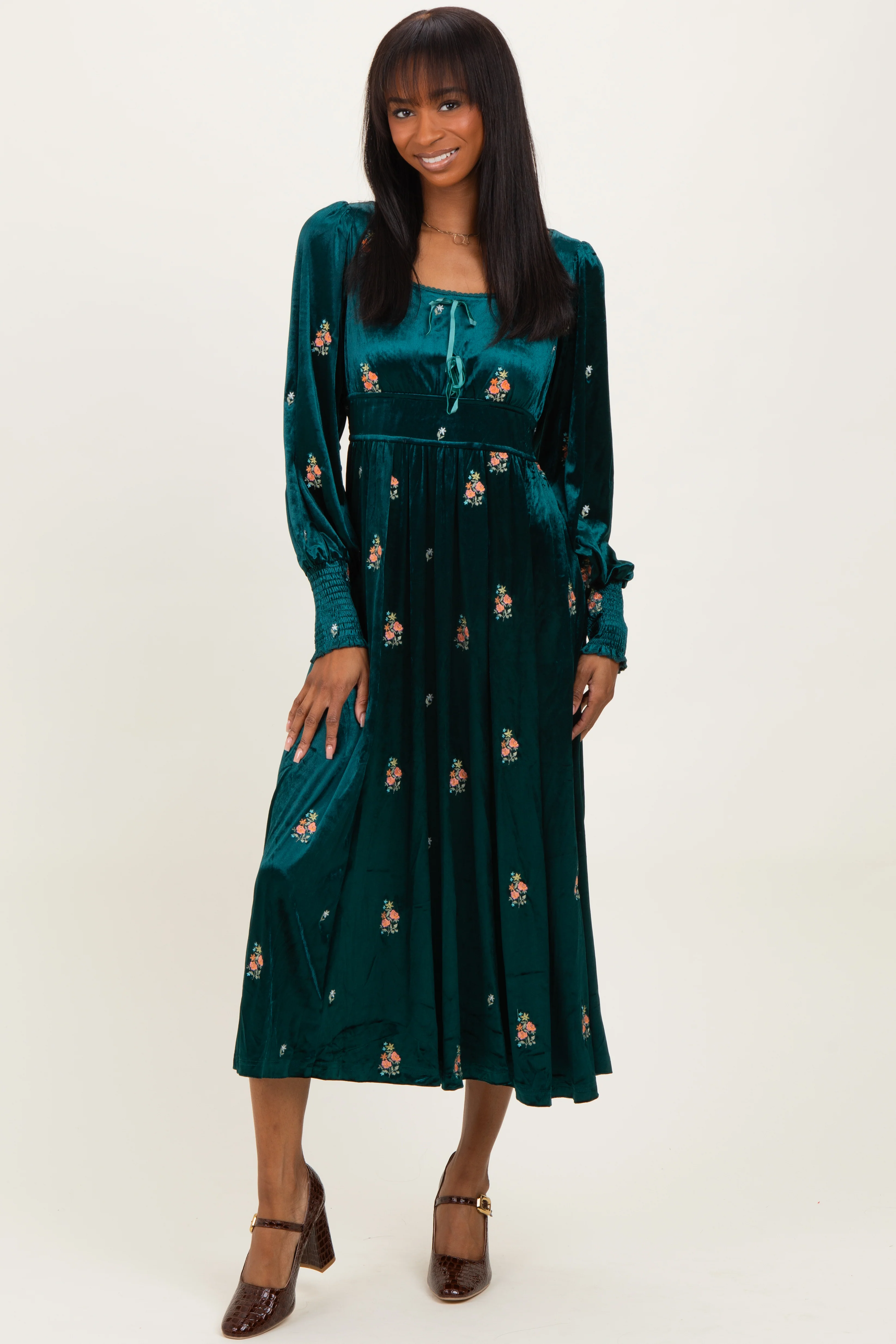 Deep Teal Velvet Embroidered Floral Maternity Midi Dress - Image 6