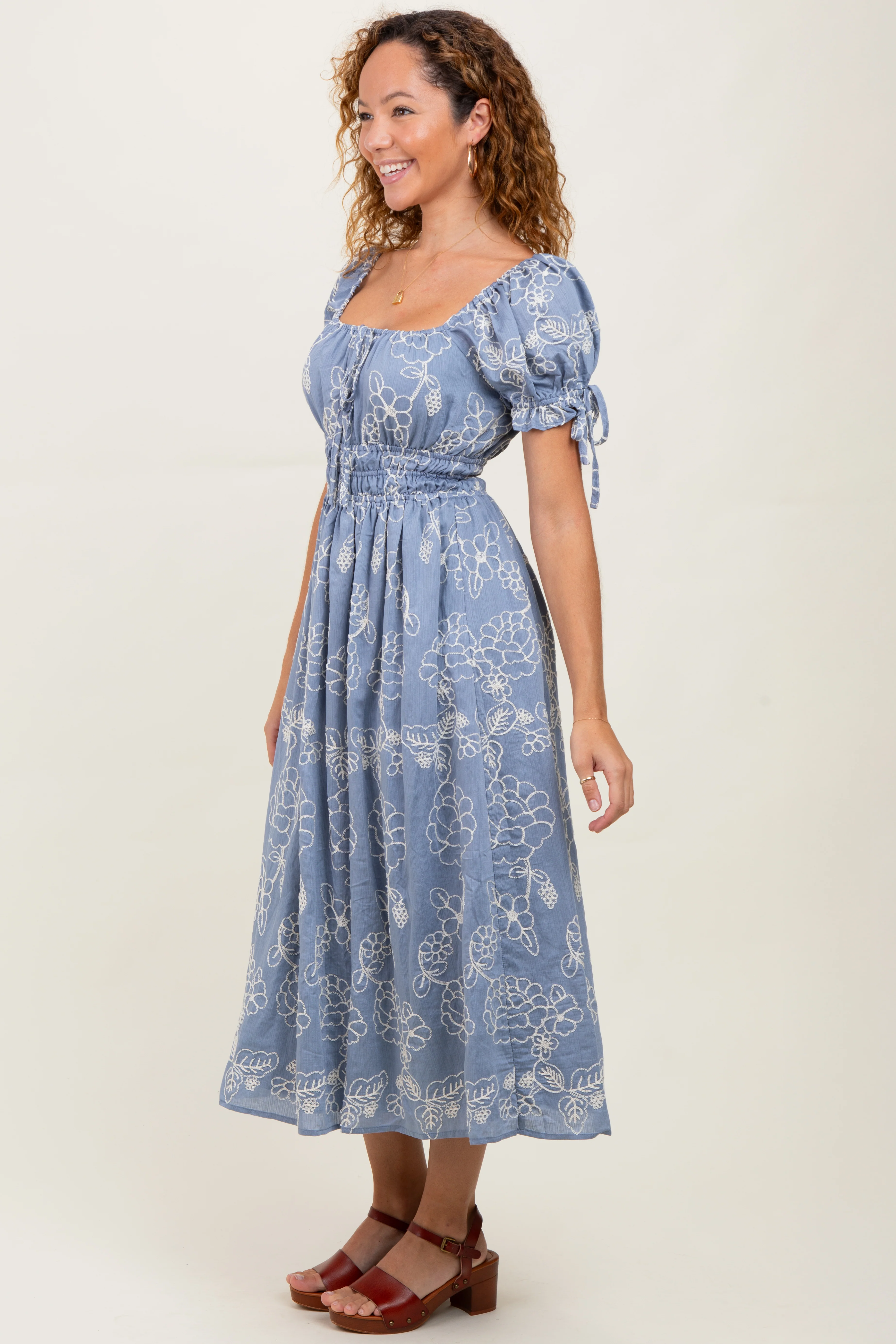 Denim Blue Floral Embroidered Midi Dress - Image 3