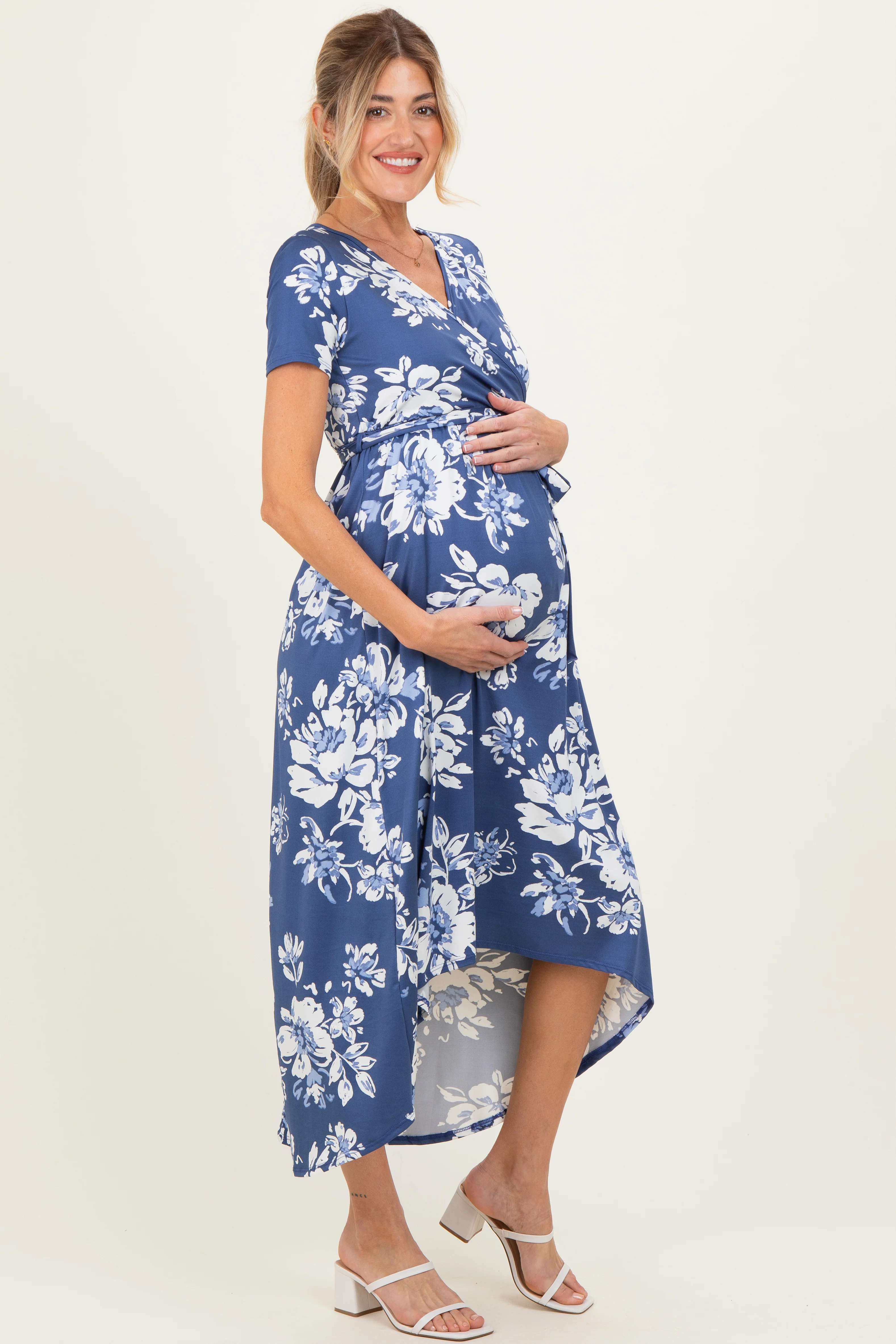 Denim Blue Floral Print Short Sleeve Hi-Low Maternity Wrap Dress - Image 3