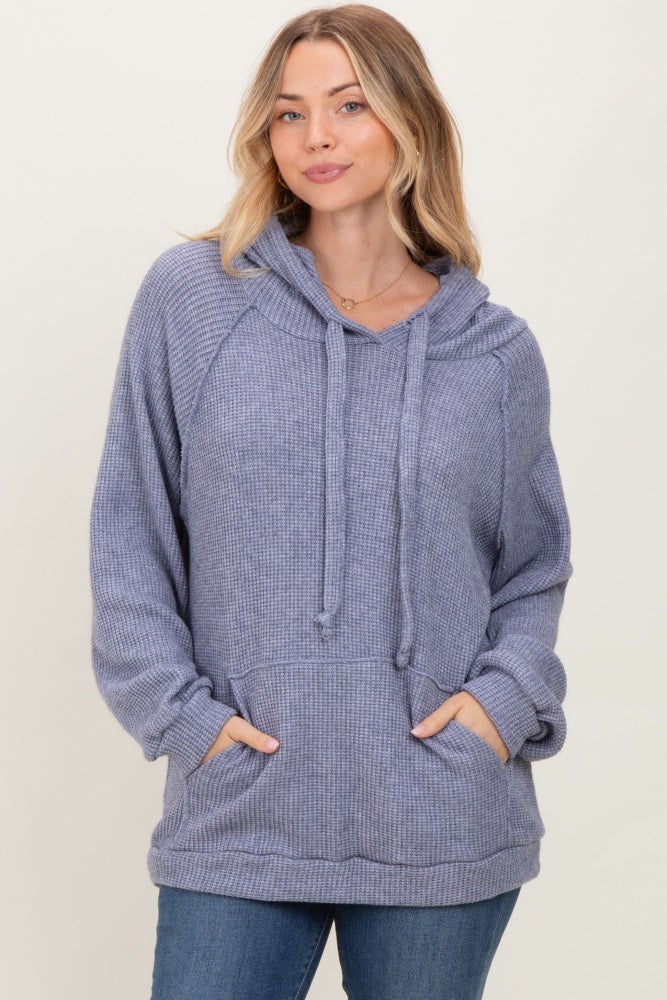 Denim Blue Long Sleeve Solid Hoodie Top - Image 2