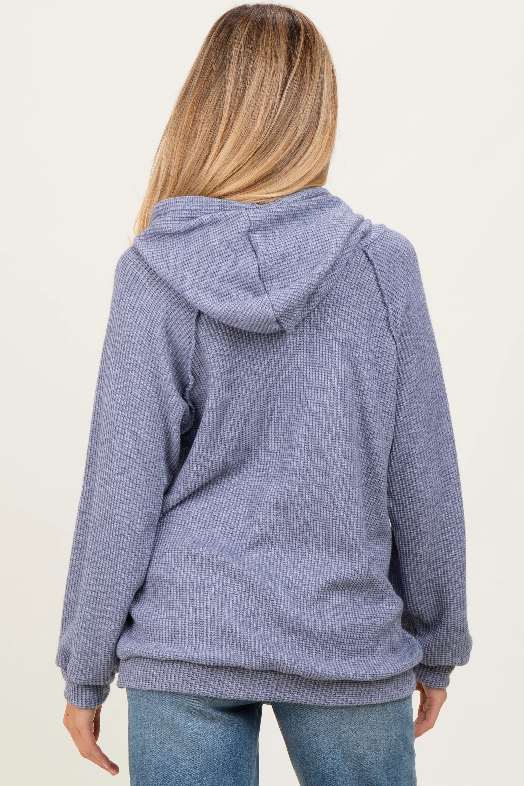 Denim Blue Long Sleeve Solid Maternity Hoodie Top - Image 4