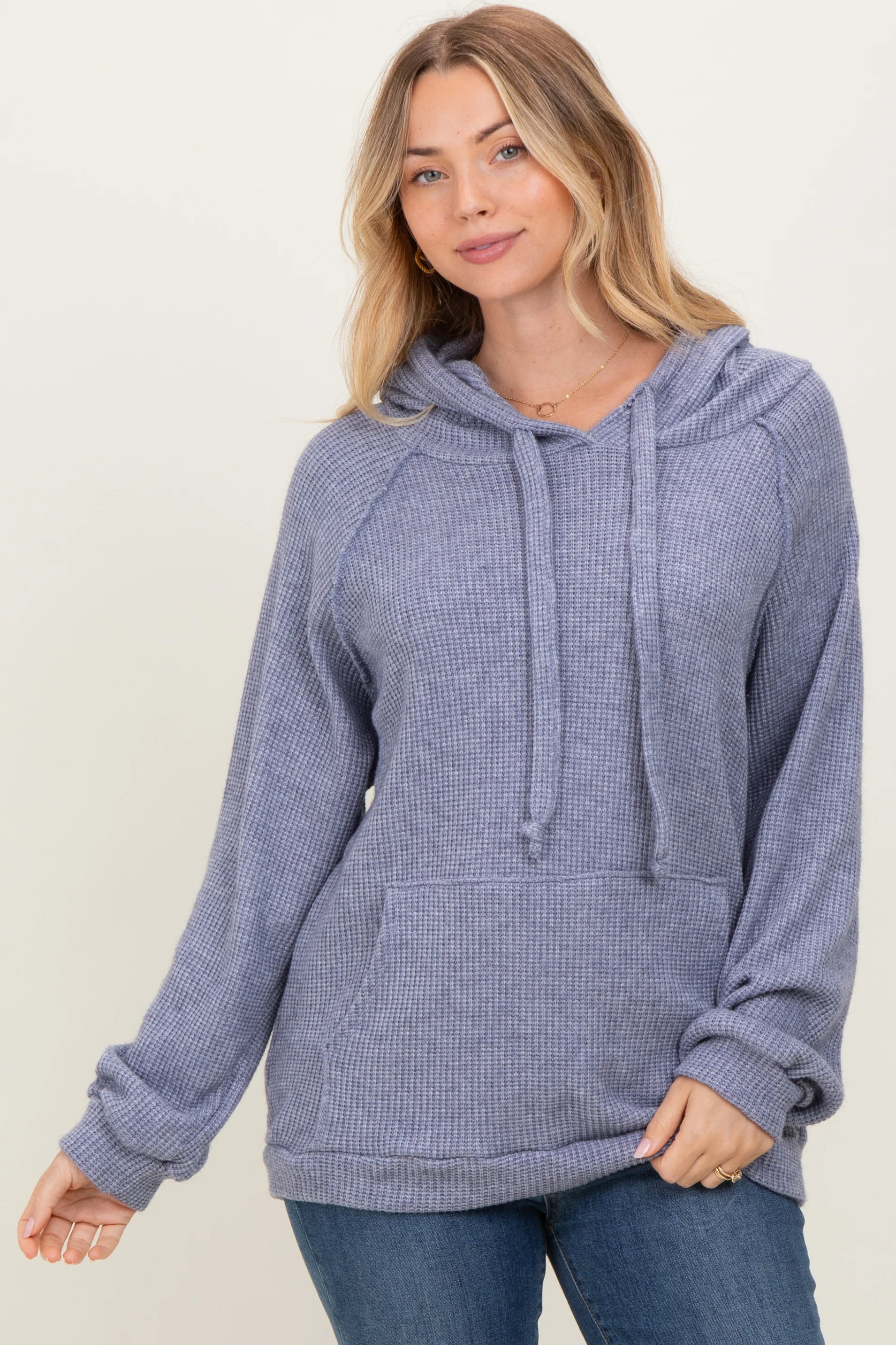 Denim Blue Long Sleeve Solid Maternity Hoodie Top - Image 5