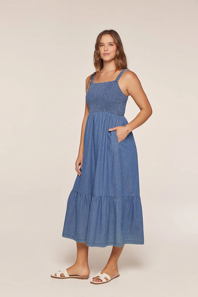 Denim Chambray Smocked Sleeveless Midi Dress - Image 3