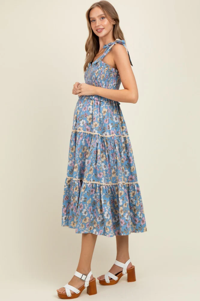 Denim Floral Smocked Ruffled Lace Trim Maternity Midi Dress - Image 3