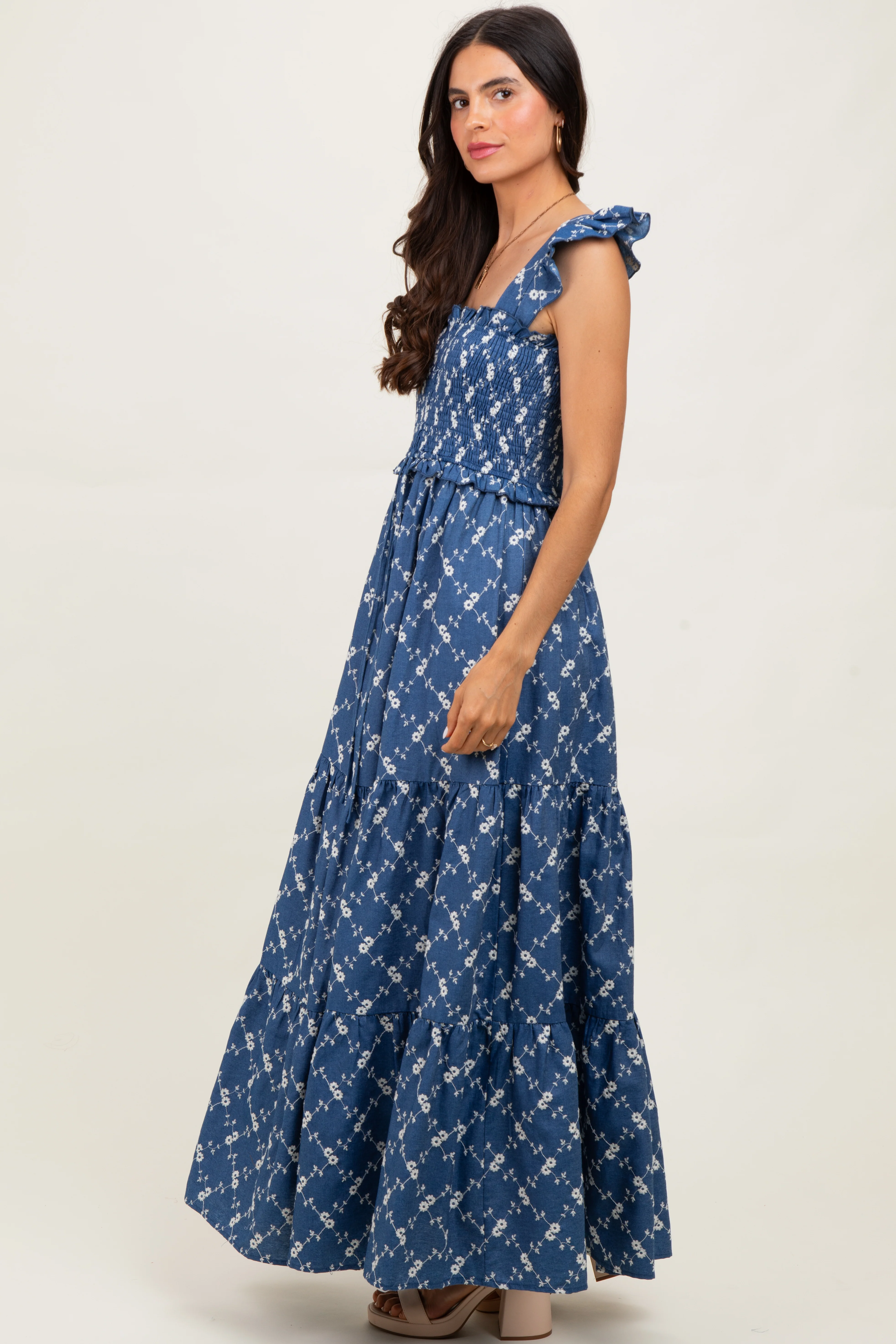 Denim Off White Floral Embroidered Tiered Maxi Dress - Image 3
