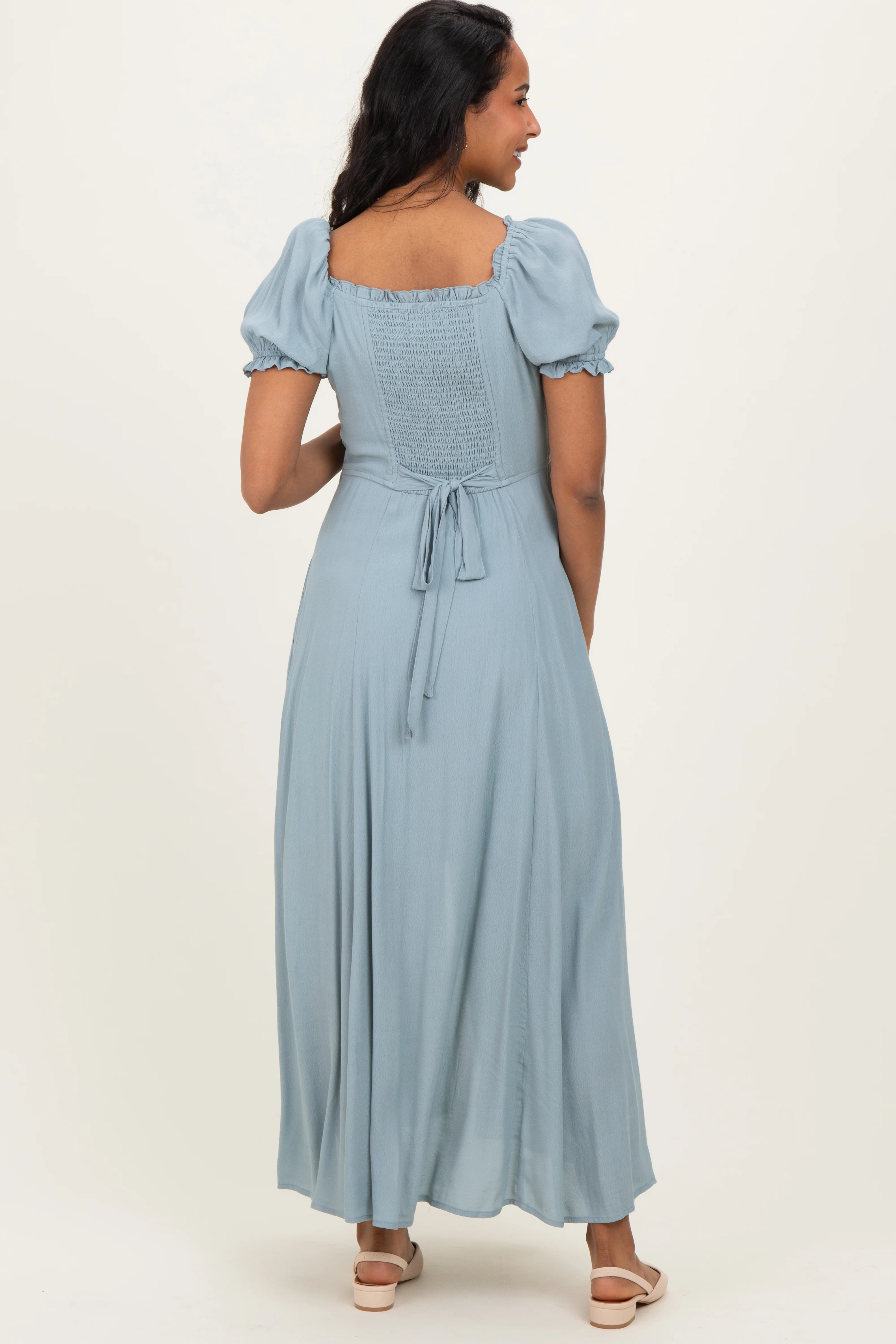 Dusty Blue Button Down Ruffle Trim Maternity Maxi Dress - Image 3