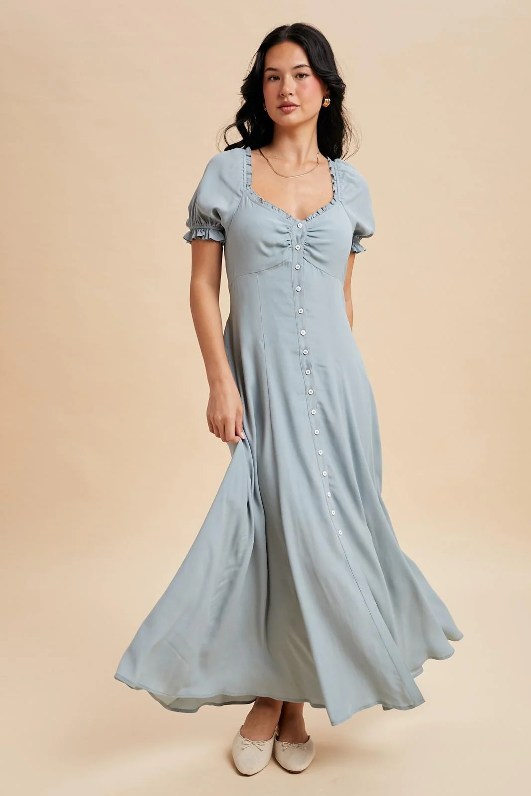 Dusty Blue Button Down Ruffle Trim Maxi Dress - Image 3