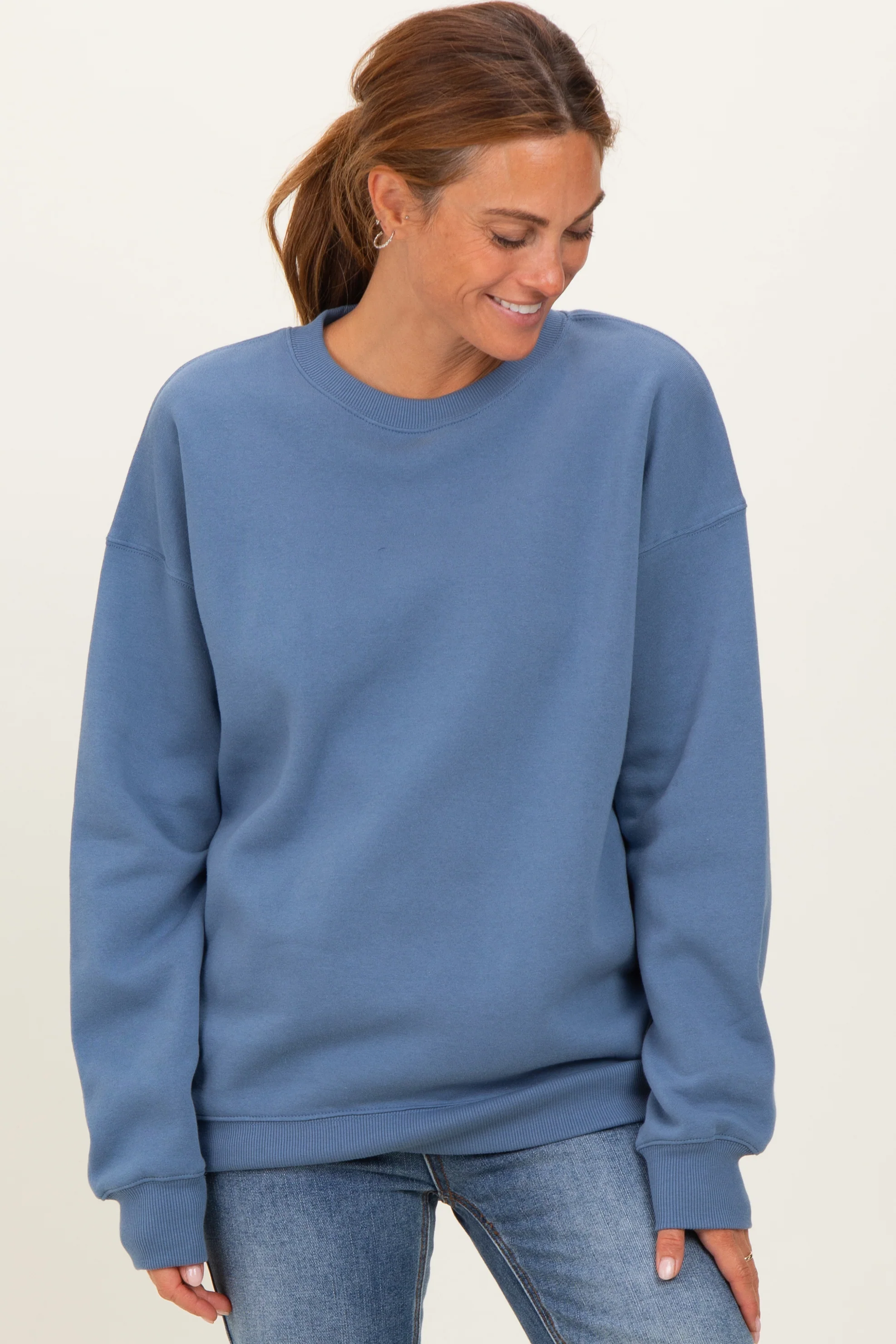 Dusty Blue Fleece Crew Neck Relaxed Fit Maternity Sweatshirt - Image 5