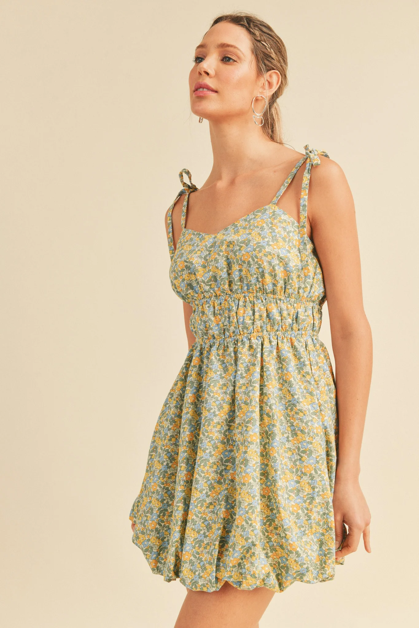 Dusty Blue Floral Bubble Hem Mini Dress - Image 3