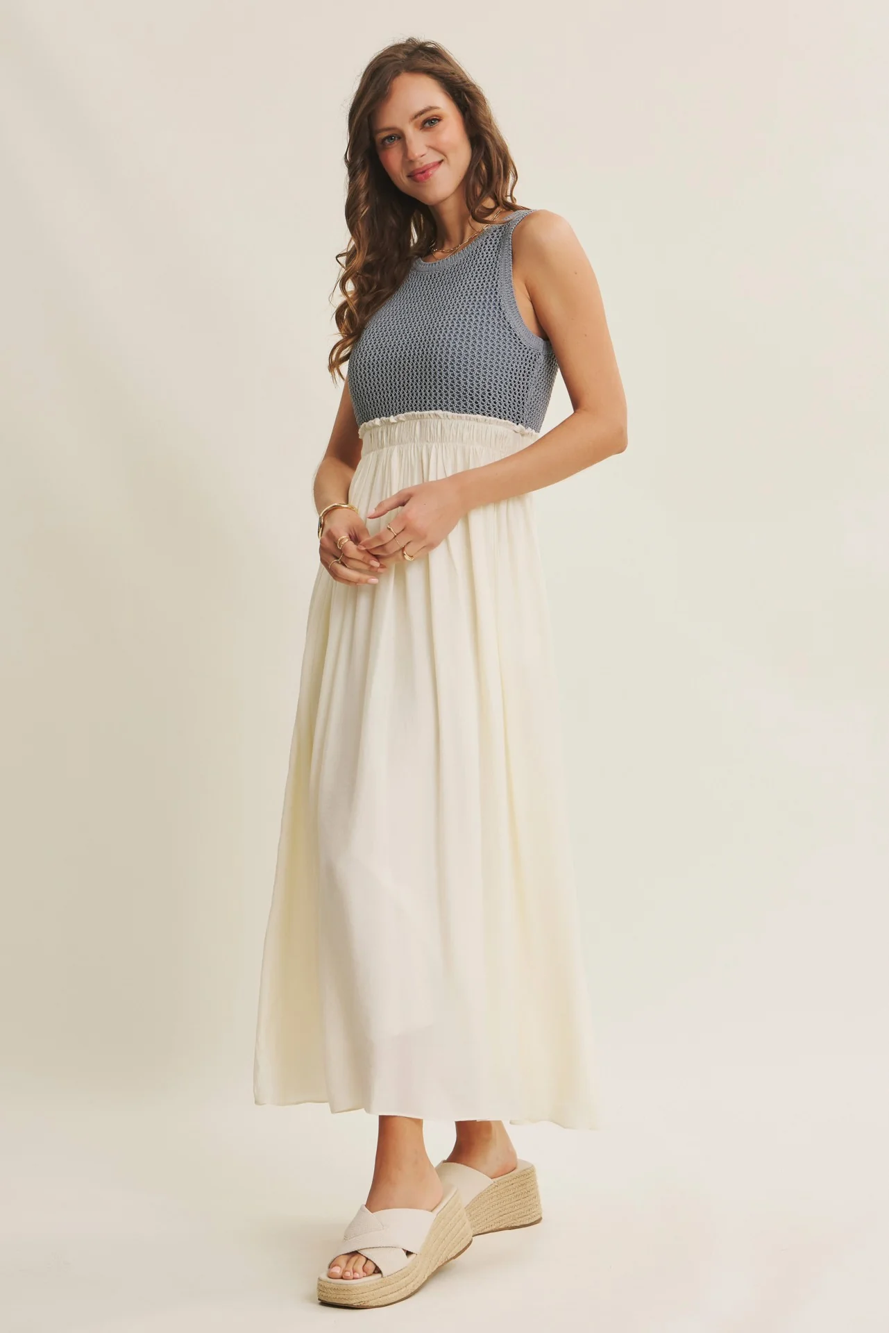 Dusty Blue Knit Bodice Contrast Skirt Maxi Dress - Image 3