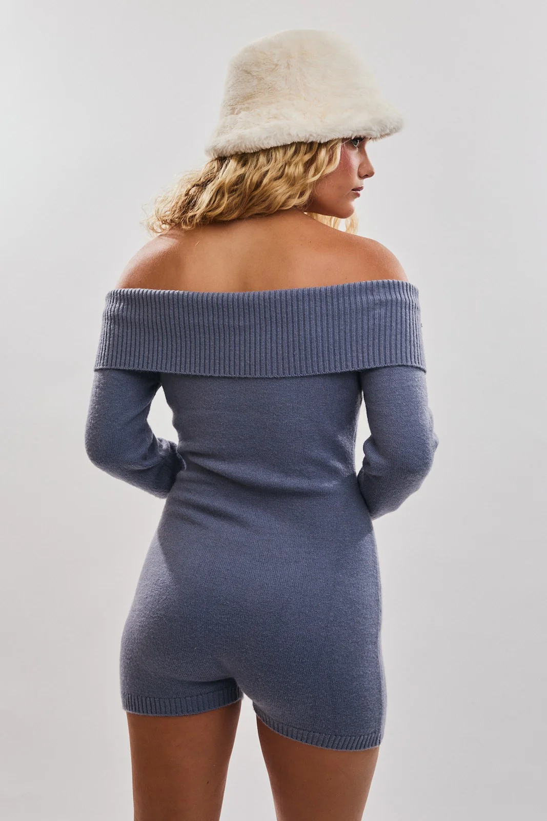 Dusty Blue Off Shoulder Knitted Romper - Image 4