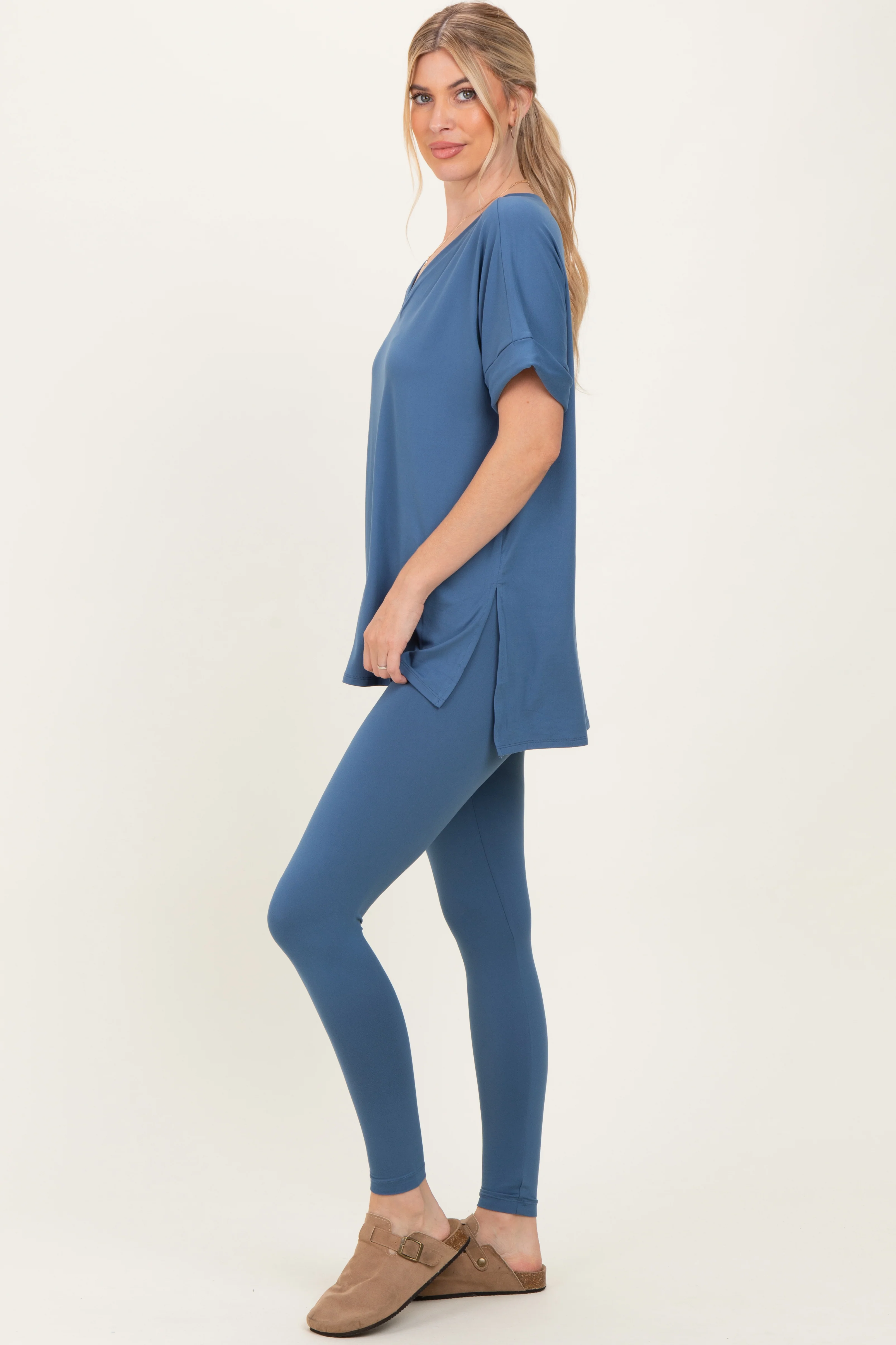 Dusty Blue Oversized V-Neck Tee Legging Lounge Set - Image 3