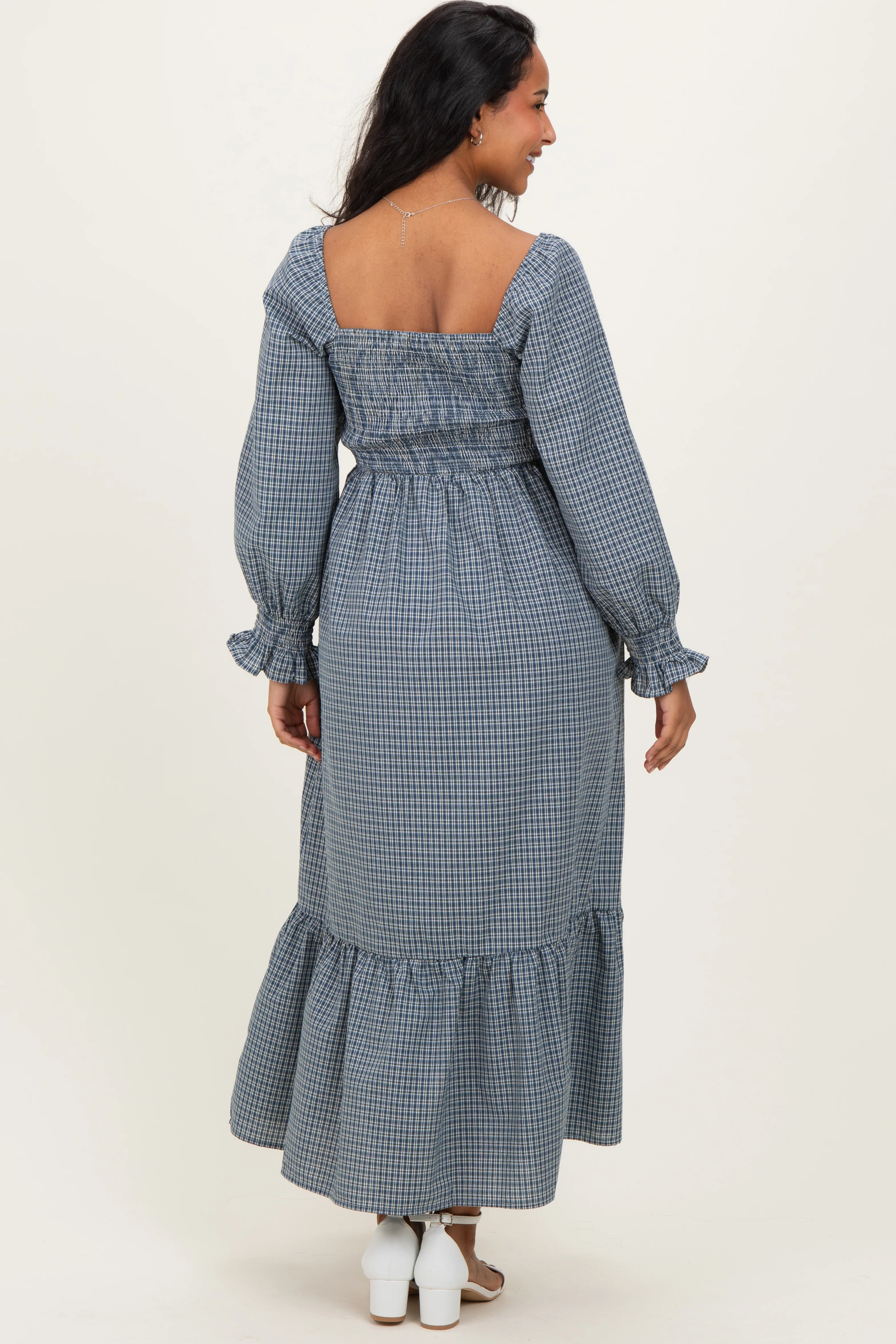 Dusty Blue Plaid Square Neck Long Sleeve Maternity Maxi Dress - Image 4