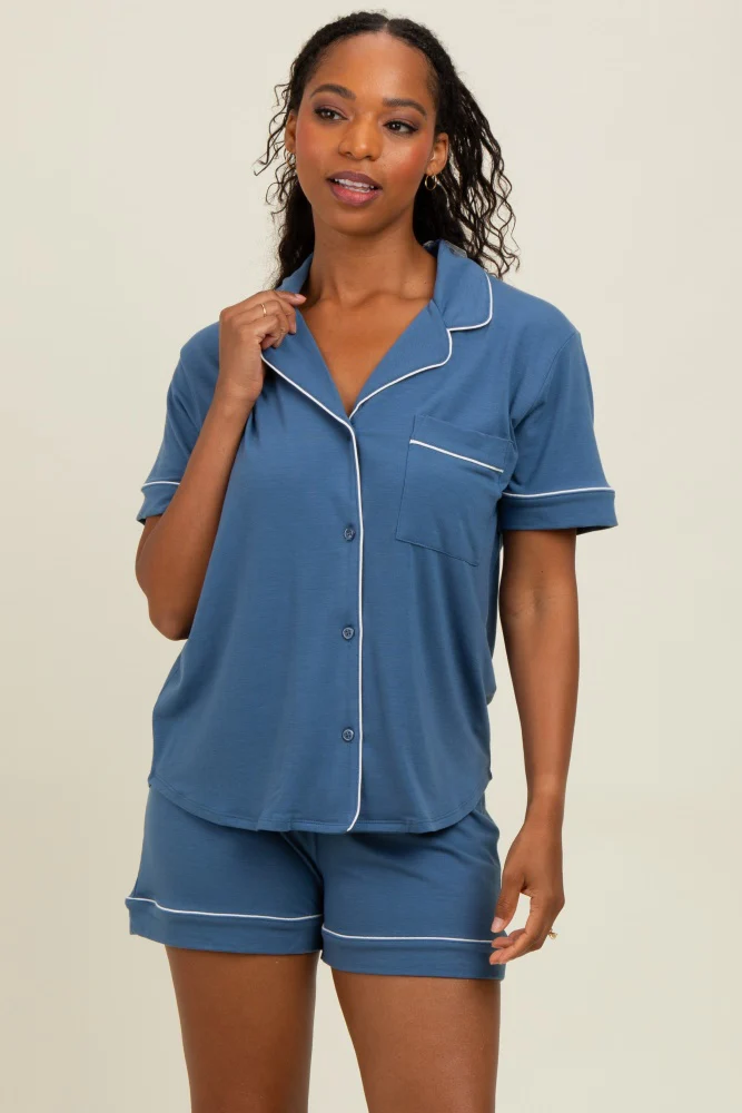 Dusty Blue Short Sleeve Button Down Shirt Shorts Maternity Set - Image 5