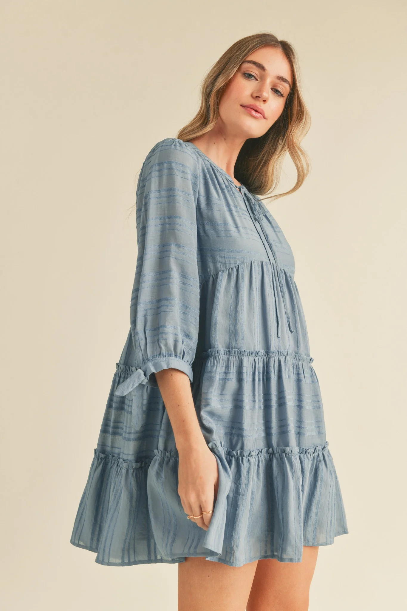 Dusty Denim Blue Tiered Long Sleeve Mini Dress - Image 2