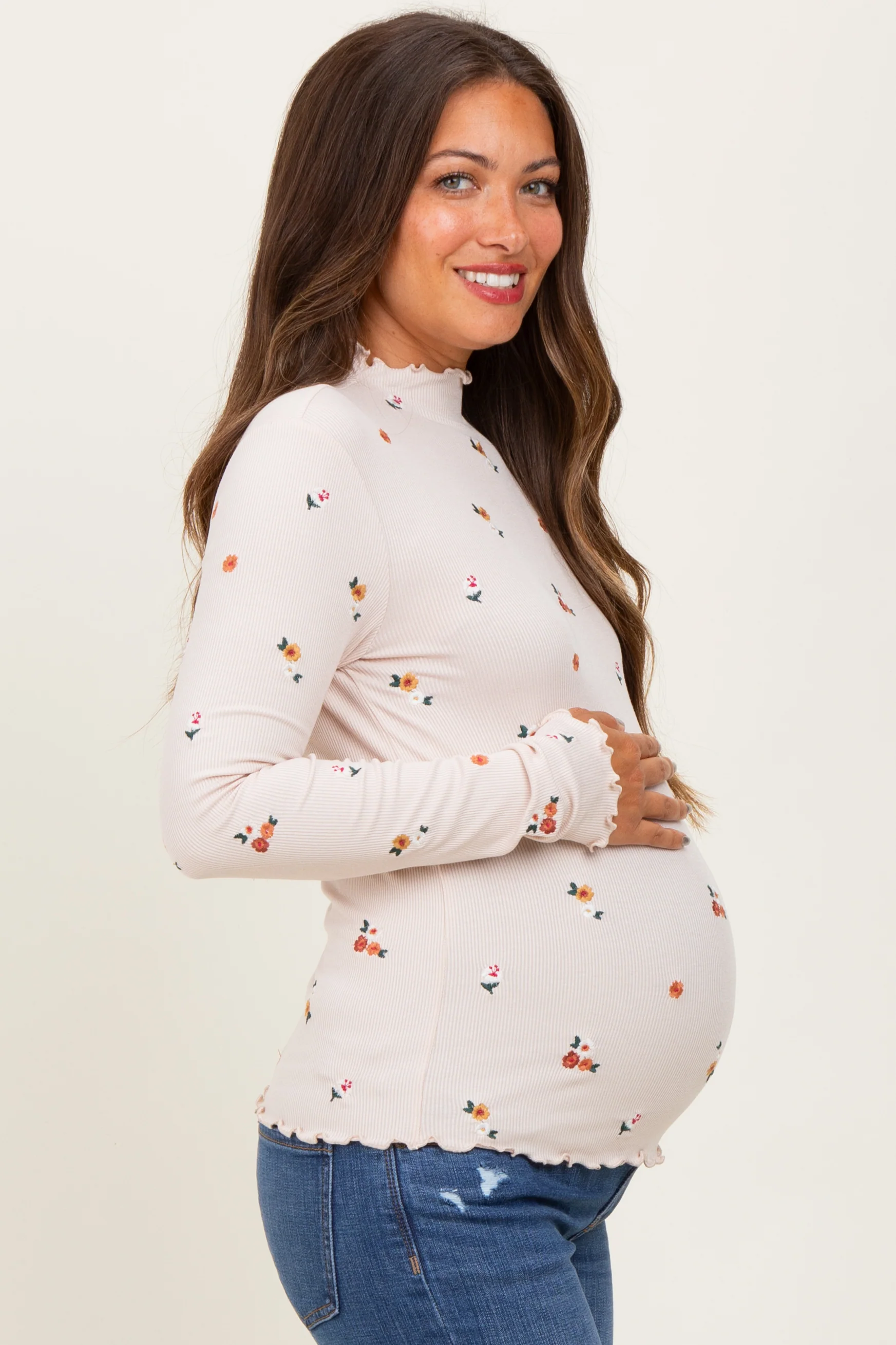 Ecru Knit Embroidered Floral Ruffle Hem Maternity Top - Image 3