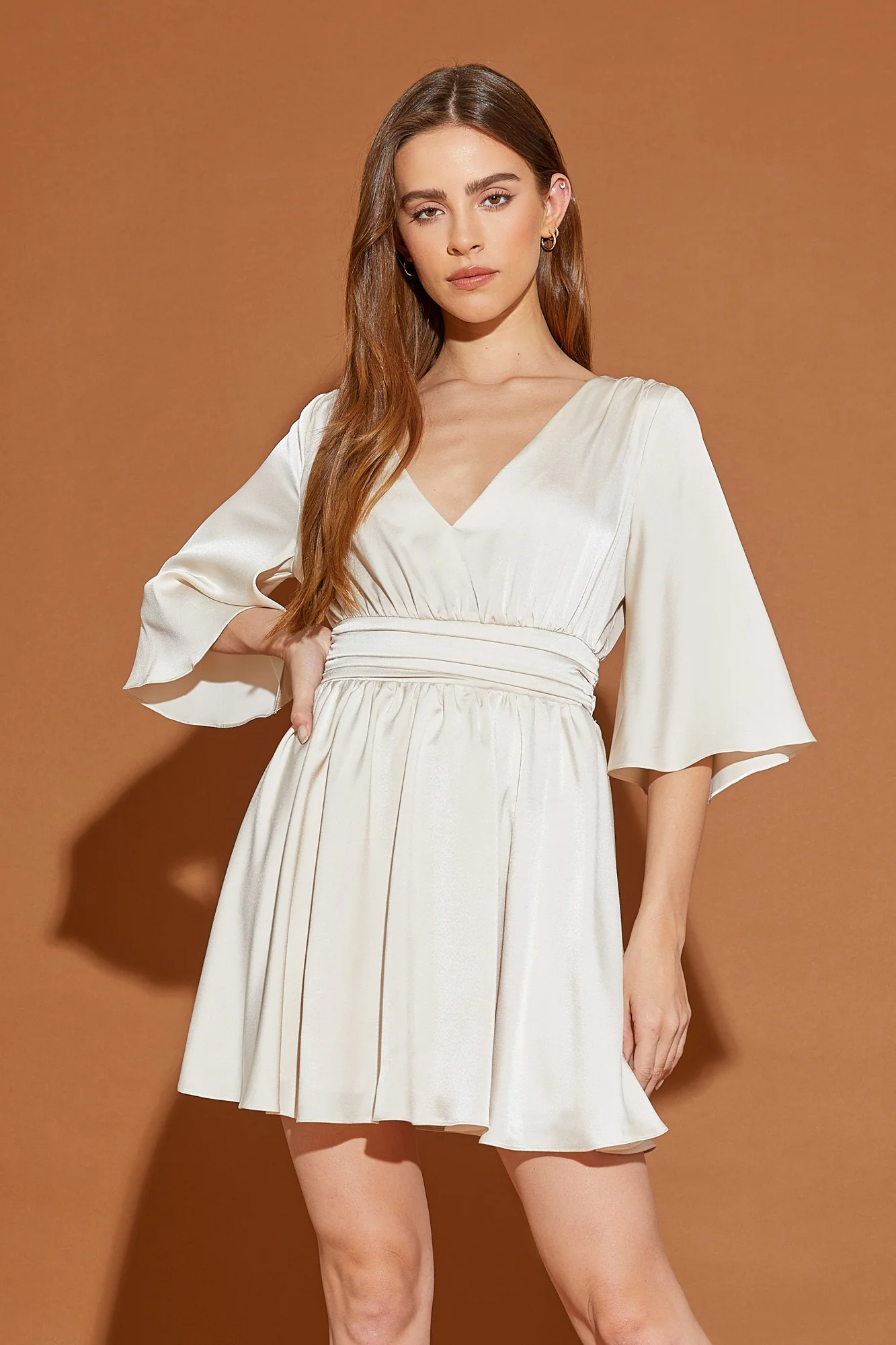 Ecru Waist Tuck Detail V-Neck Dress - Image 2