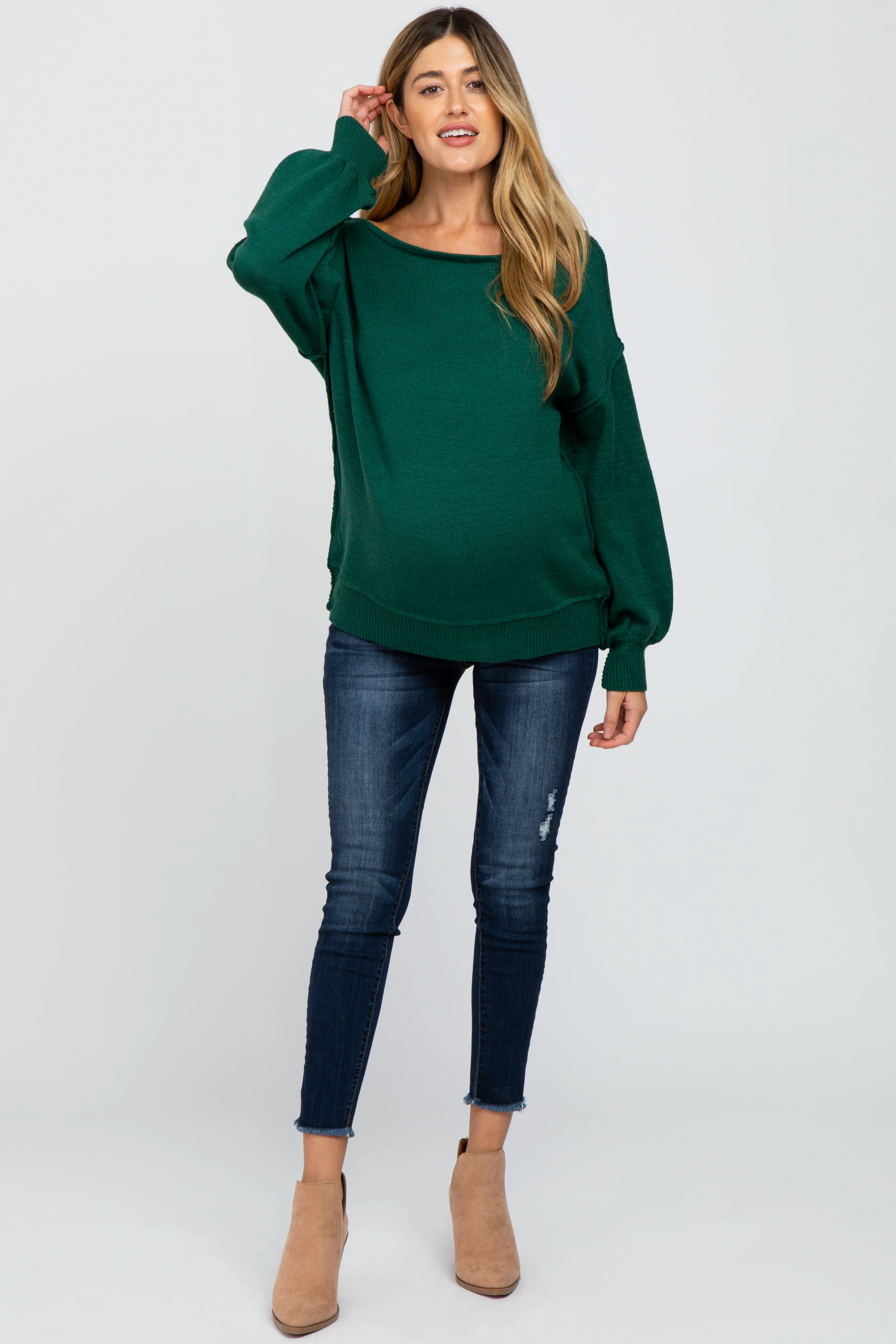 Emerald Green Boat Neck Bubble Sleeve Maternity Sweater - Image 4