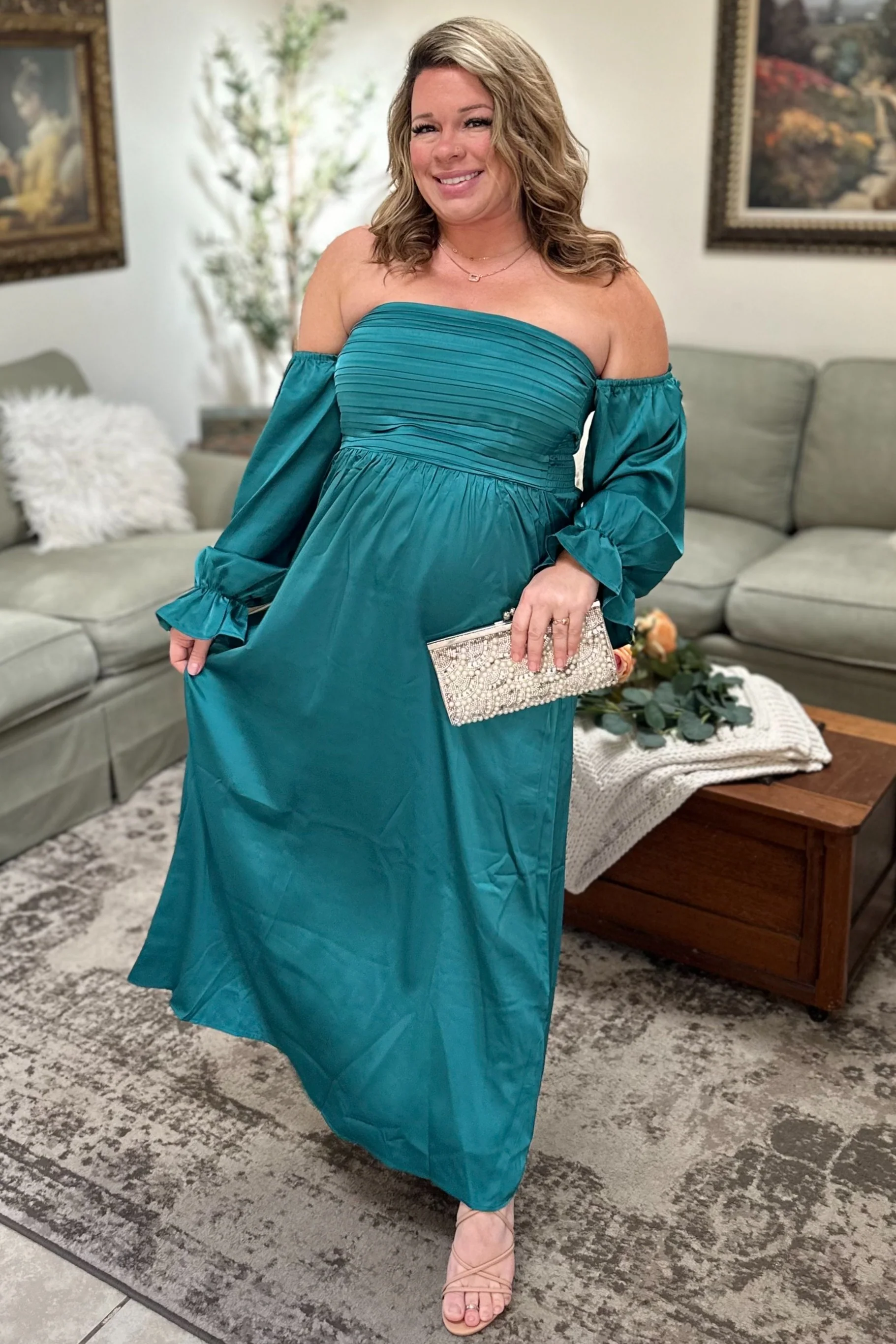 Emerald Green Off Shoulder Satin Pleated Bodice Maxi Dress - Image 4