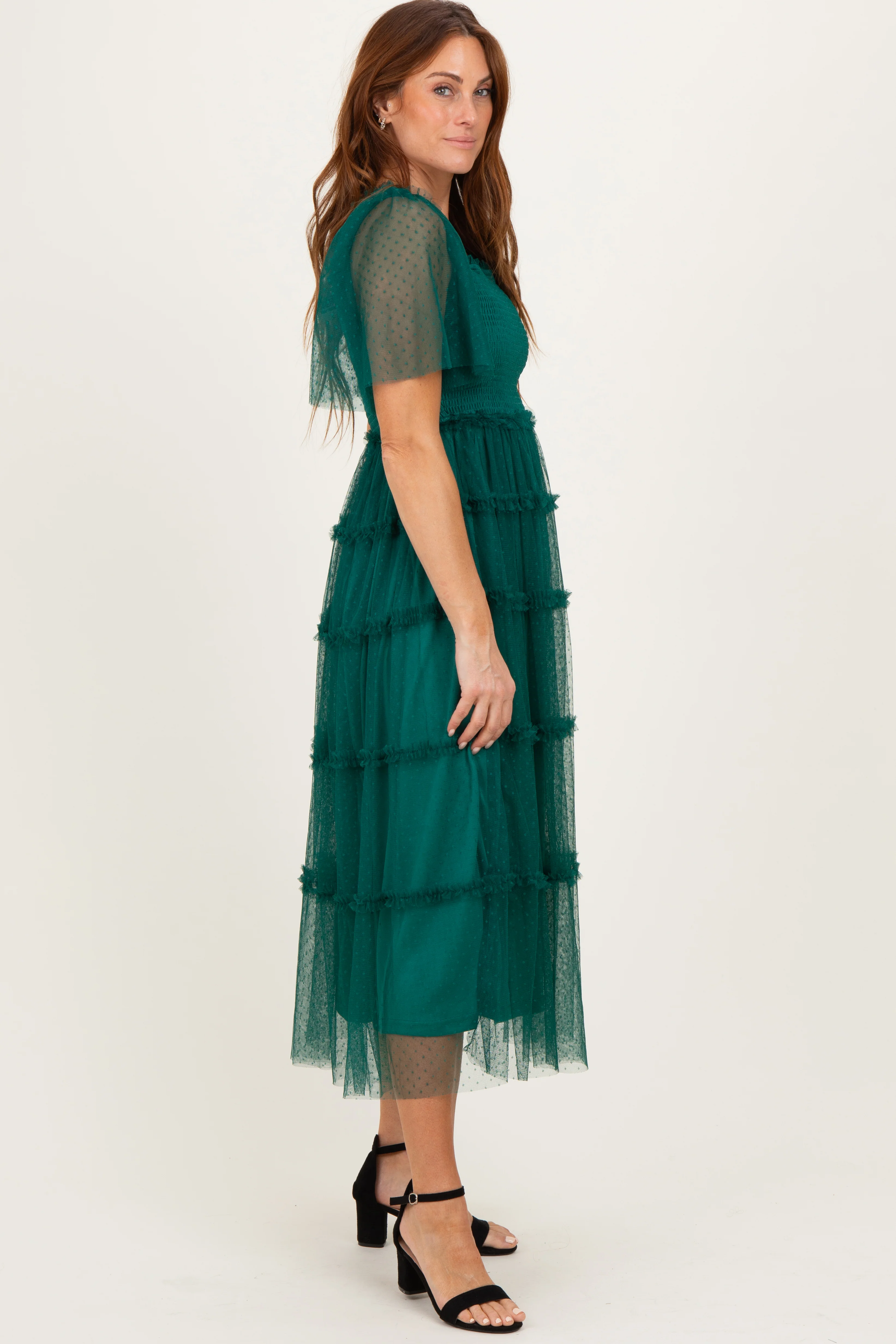 Emerald Green Ruffled Mesh Maxi Dress - Image 3