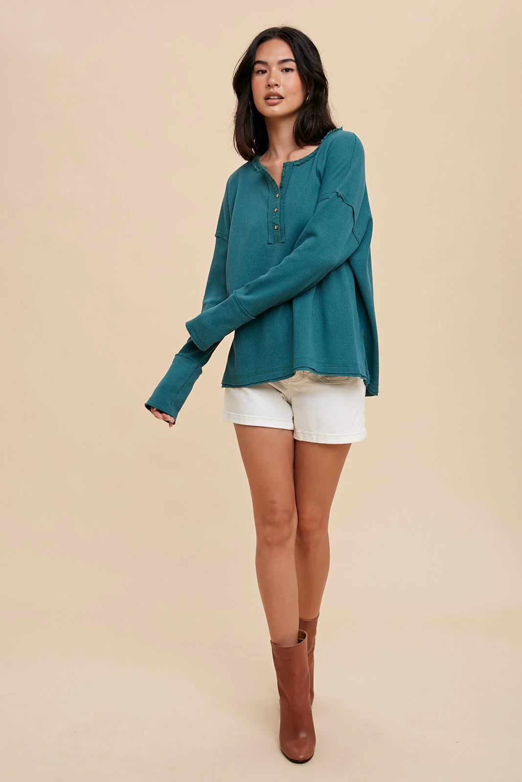 Emerald Green Waffle Knit Henley Top - Image 3