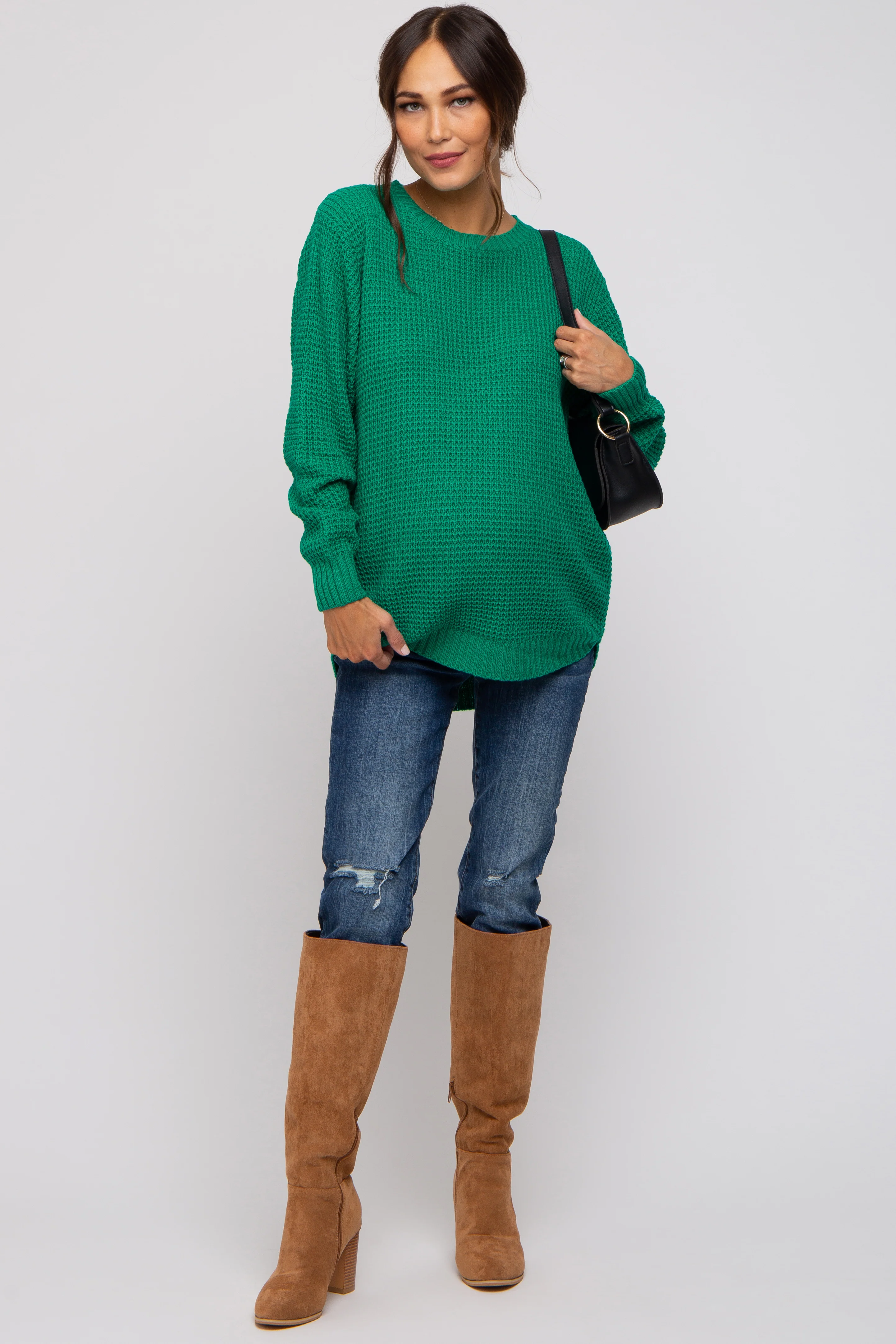 Emerald Green Waffle Knit Round Hem Maternity Sweater - Image 5