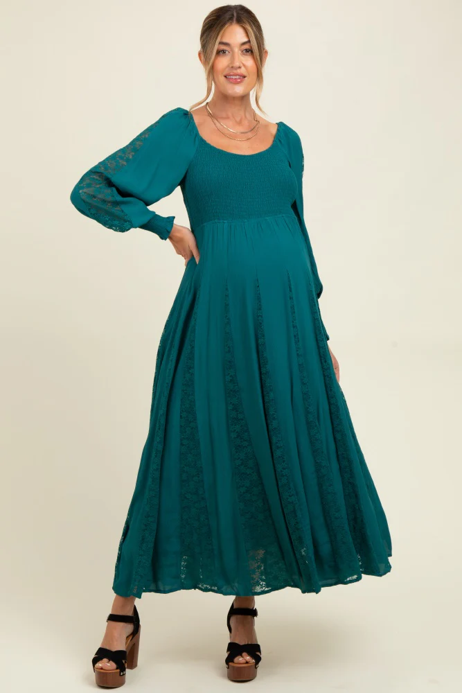 Emerald Lace Inset Smocked Maternity Maxi Dress - Image 3