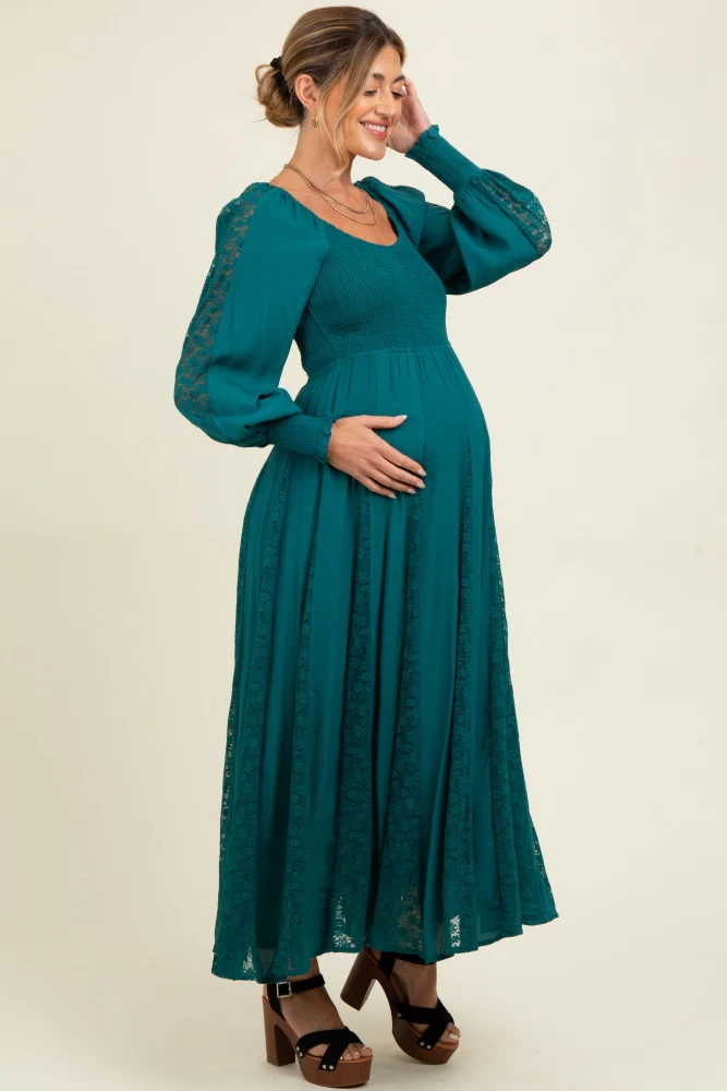 Emerald Lace Inset Smocked Maternity Maxi Dress - Image 4