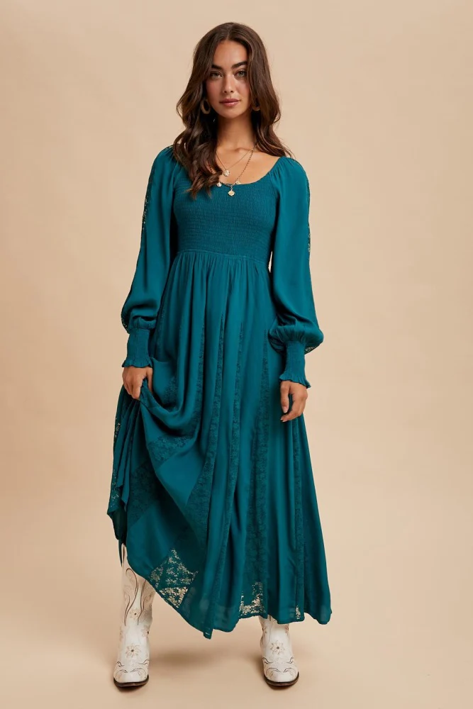 Emerald Lace Inset Smocked Maternity Maxi Dress - Image 6