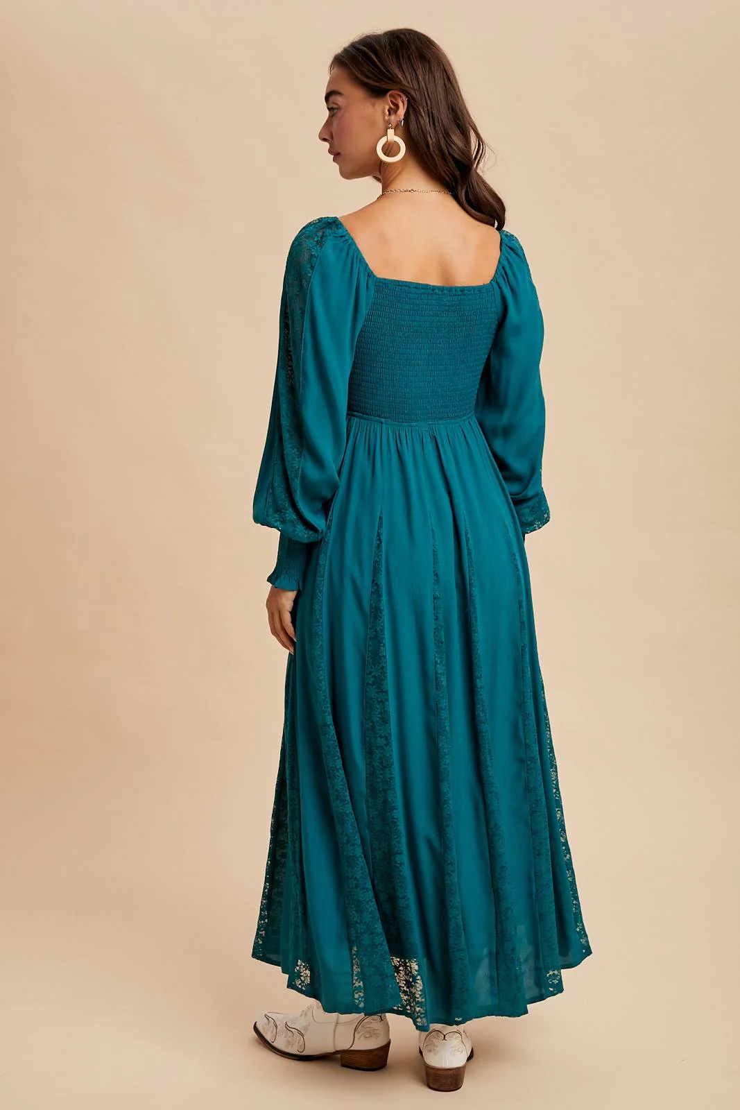 Emerald Lace Inset Smocked Maxi Dress - Image 4