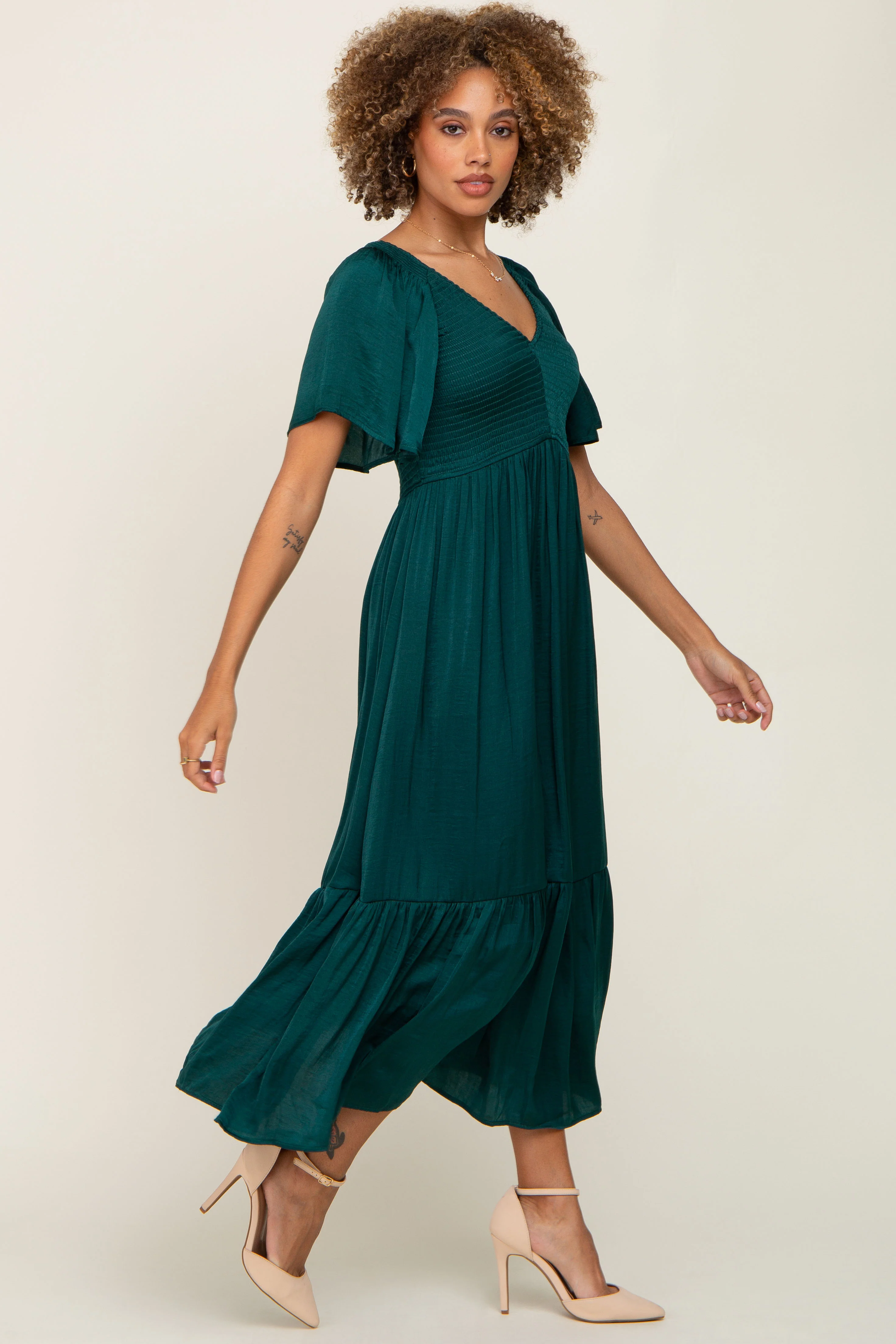 Emerald Satin Smocked Midi Dress - Image 2