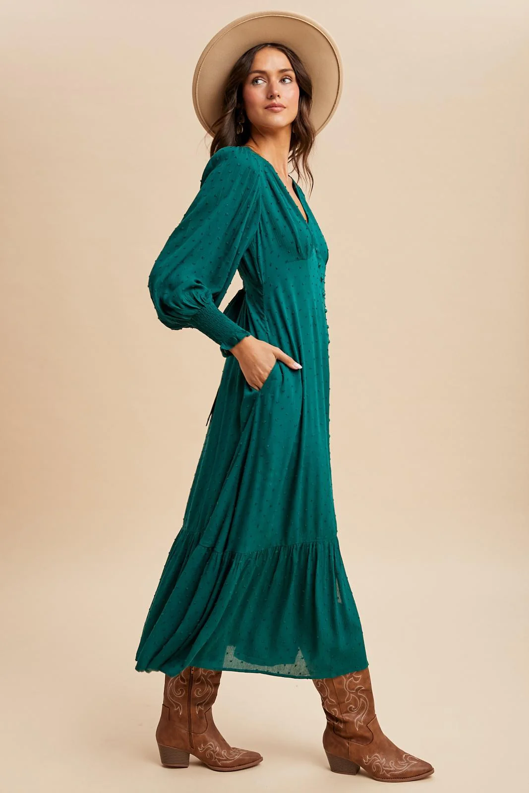 Evergreen Swiss Dot Button Down Maxi Dress - Image 3